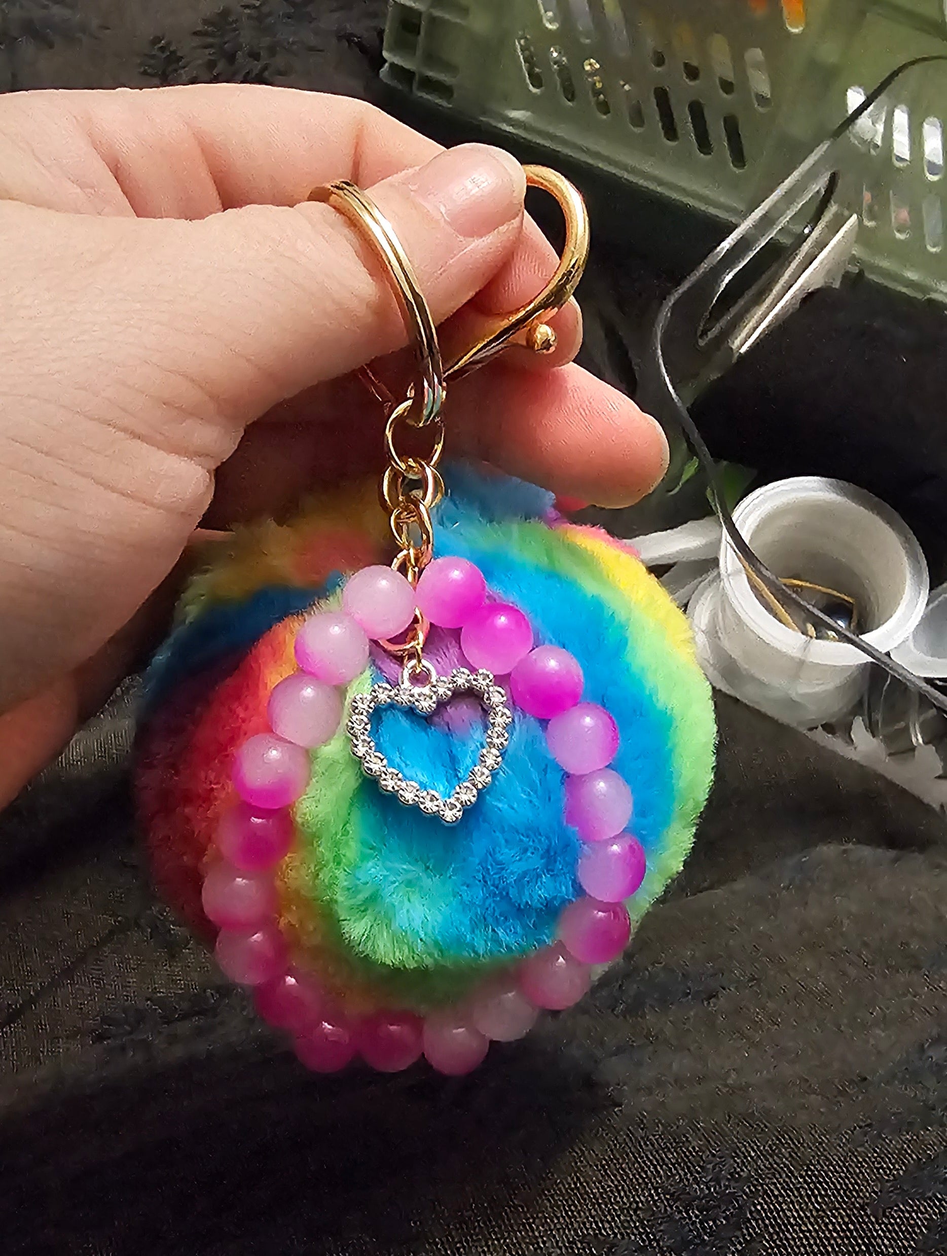Rainbow Pom Pom Keychain | Pink Beads & Crystal Rhinestone Heart | Handmade Coquette Fairycore