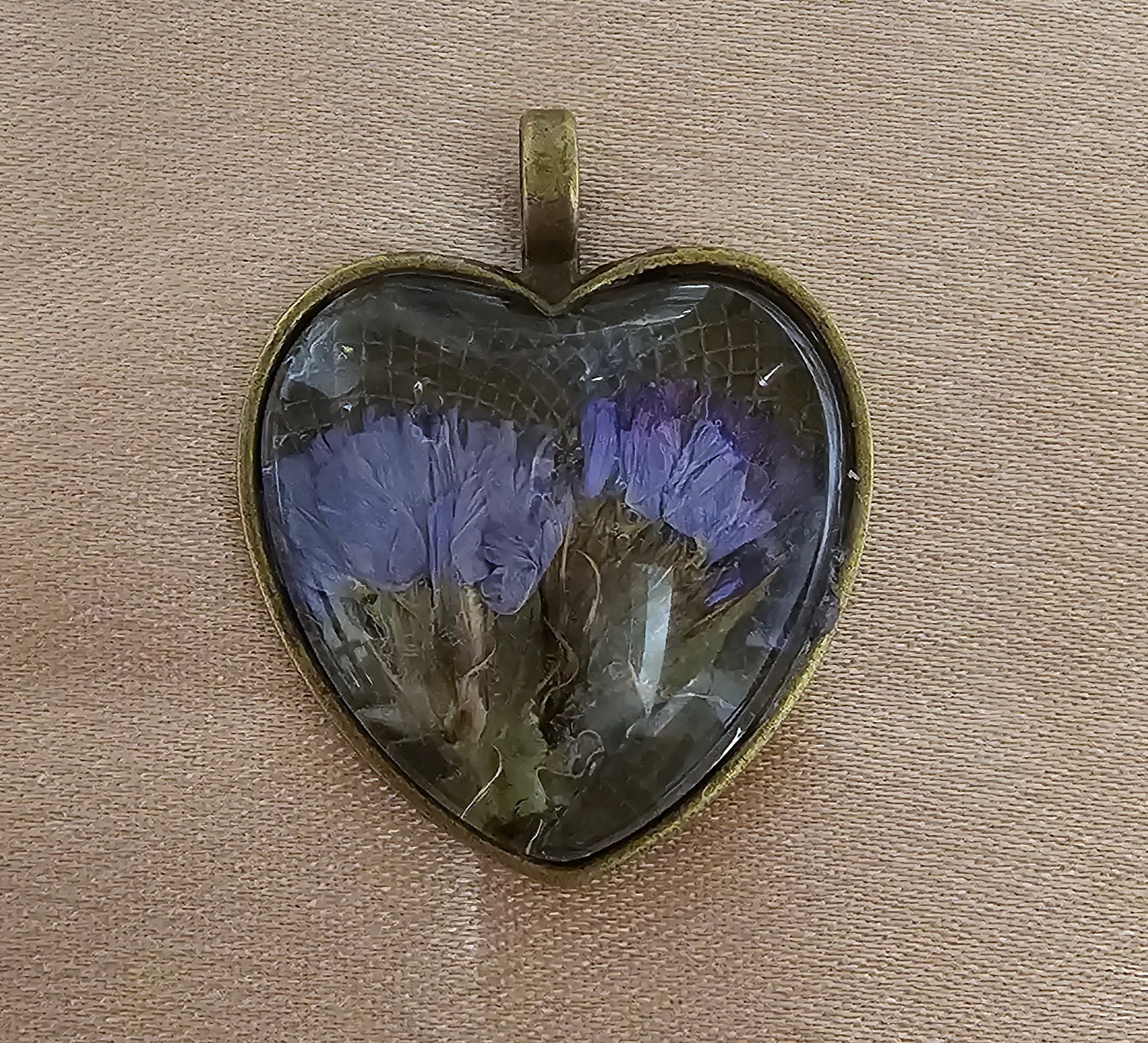 Real Purple Flower Heart Resin Pendant | Pressed Cornflowers on Dark Lace | Handmade Cottagecore Dark Romantic Jewellery