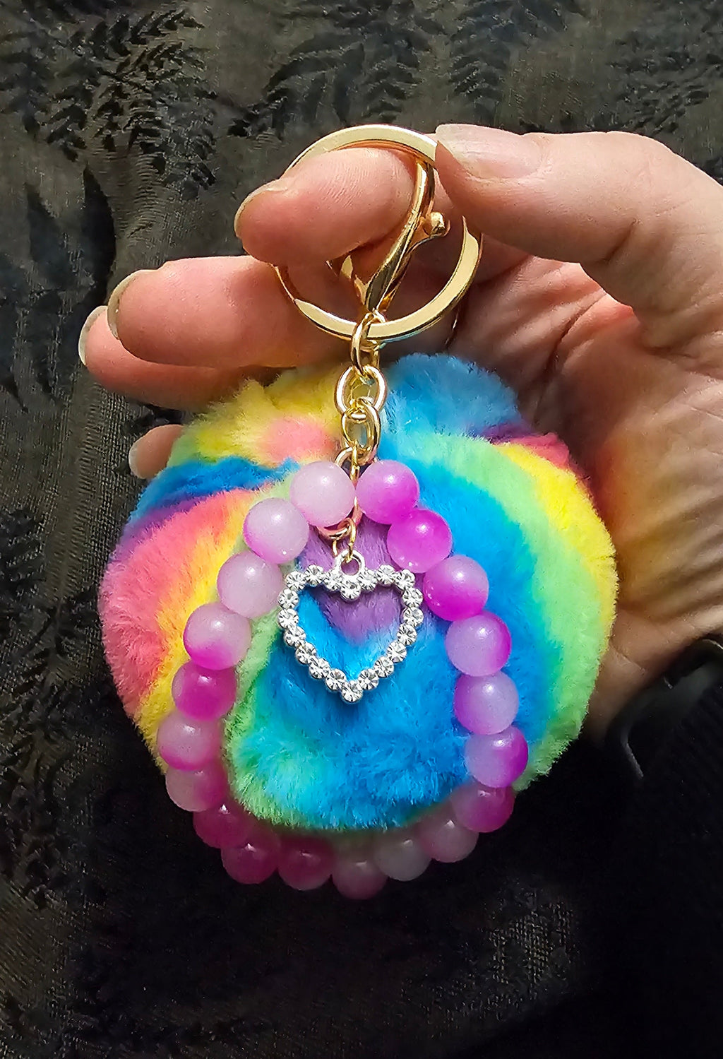 Rainbow Pom Pom Keychain | Pink Beads & Crystal Rhinestone Heart | Handmade Coquette Fairycore