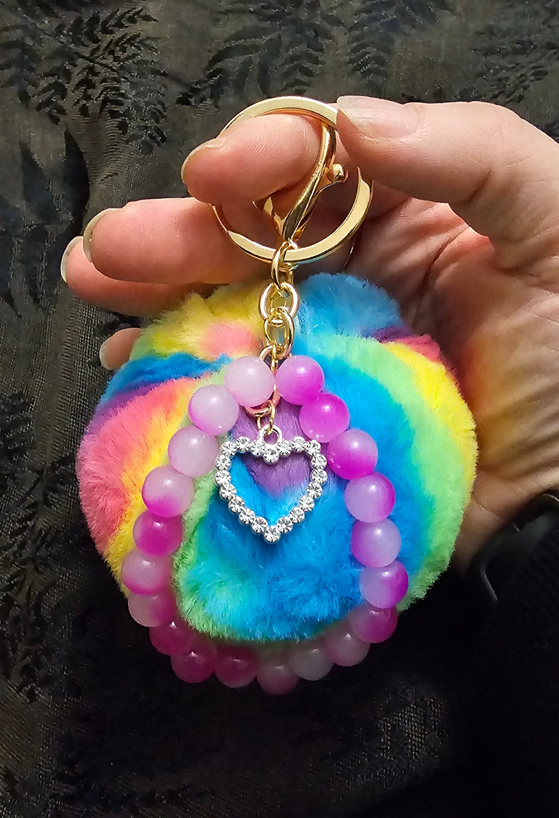 Rainbow Pom Pom Keychain | Pink Beads & Crystal Rhinestone Heart | Handmade Coquette Fairycore