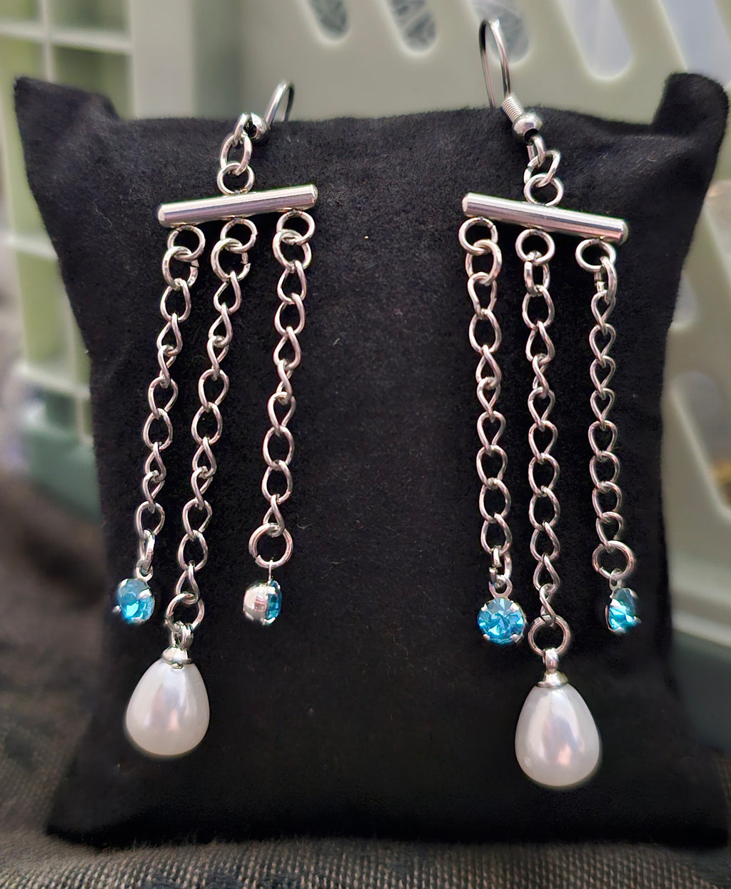 Handmade pearl and blue crystal dangle earrings with silver tassel drop, elegant jewellery Australia