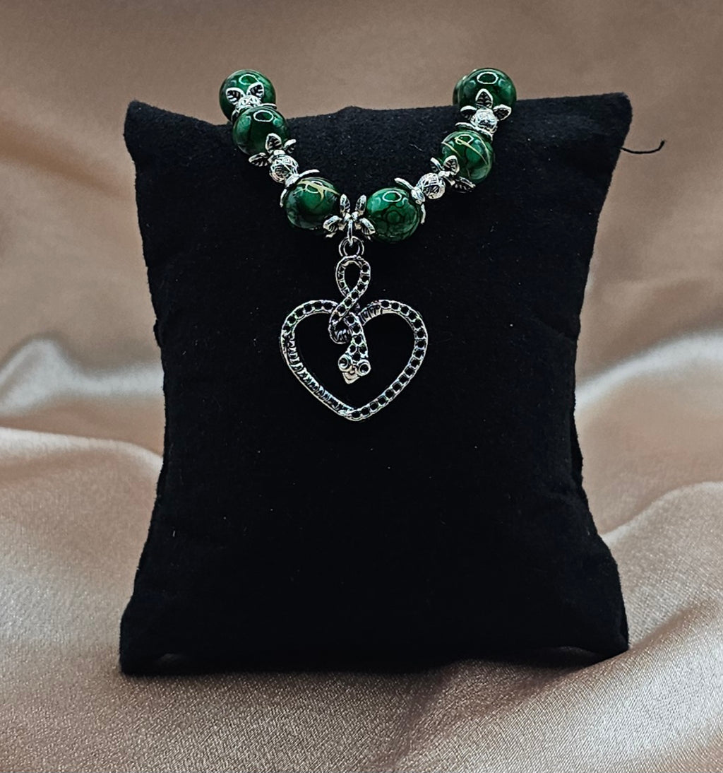 Green Malachite Bracelet | Serpent Heart Charm & Silver Filigree | Handmade Dark Feminine Jewellery Australia