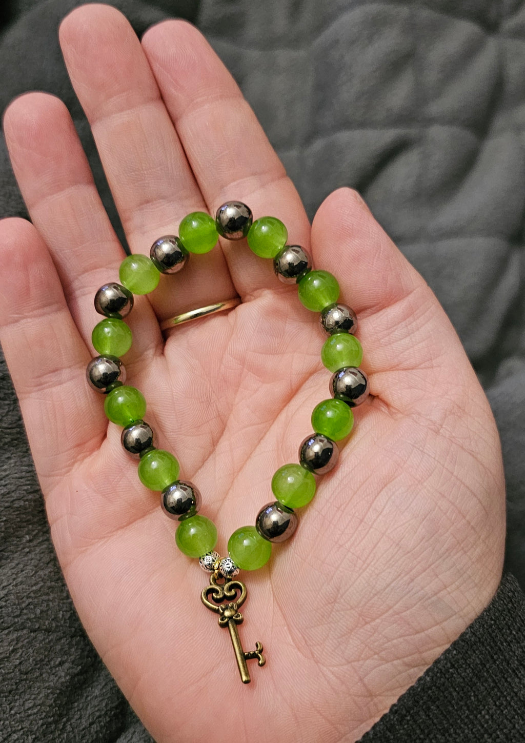 Handmade green aventurine bracelet with vintage key charm and hematite spacers, cottagecore jewellery Australia