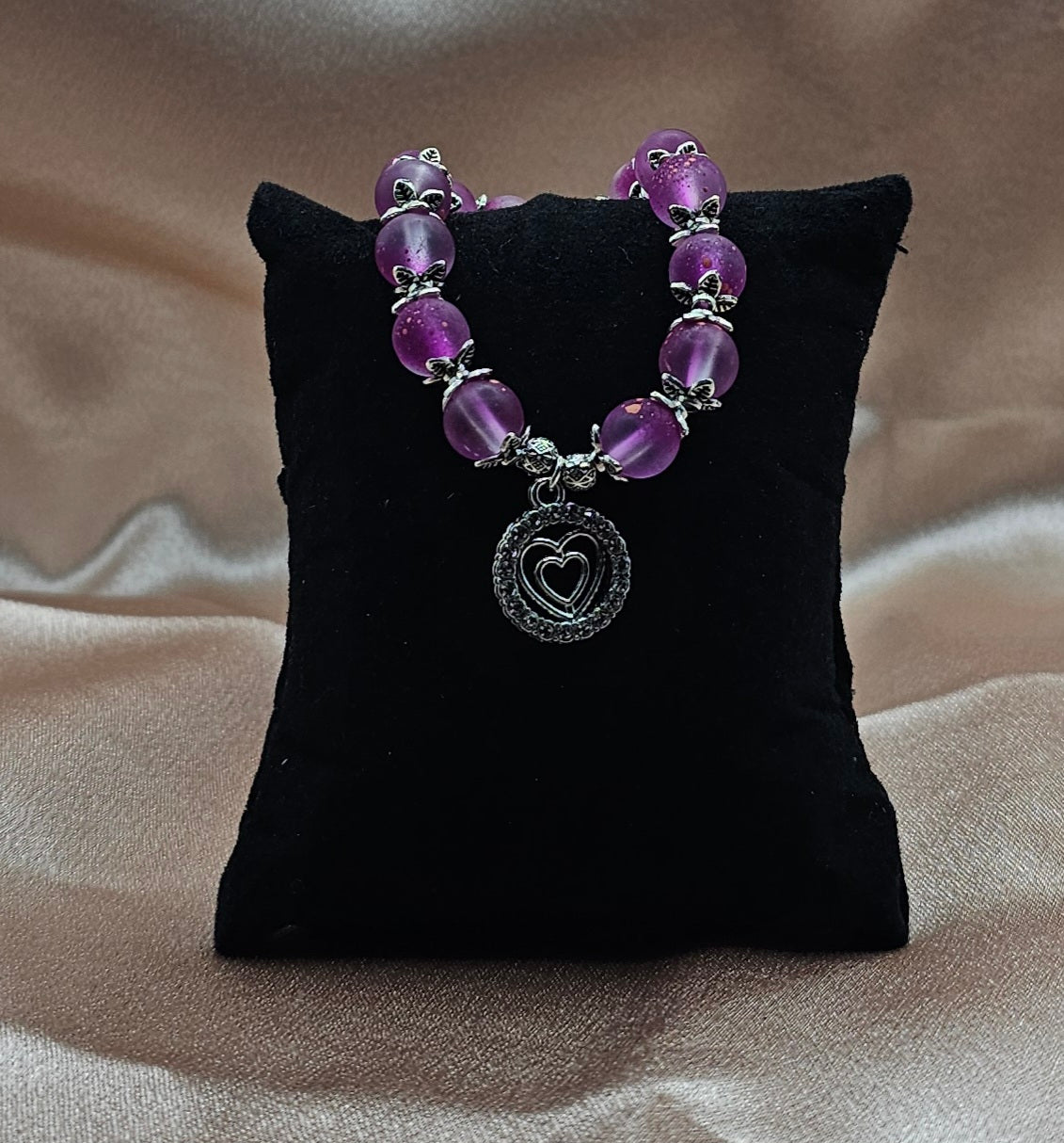 Frosted Pink Bracelet | Double Heart Rhinestone Charm & Silver Filigree | Handmade Coquette Jewellery Australia