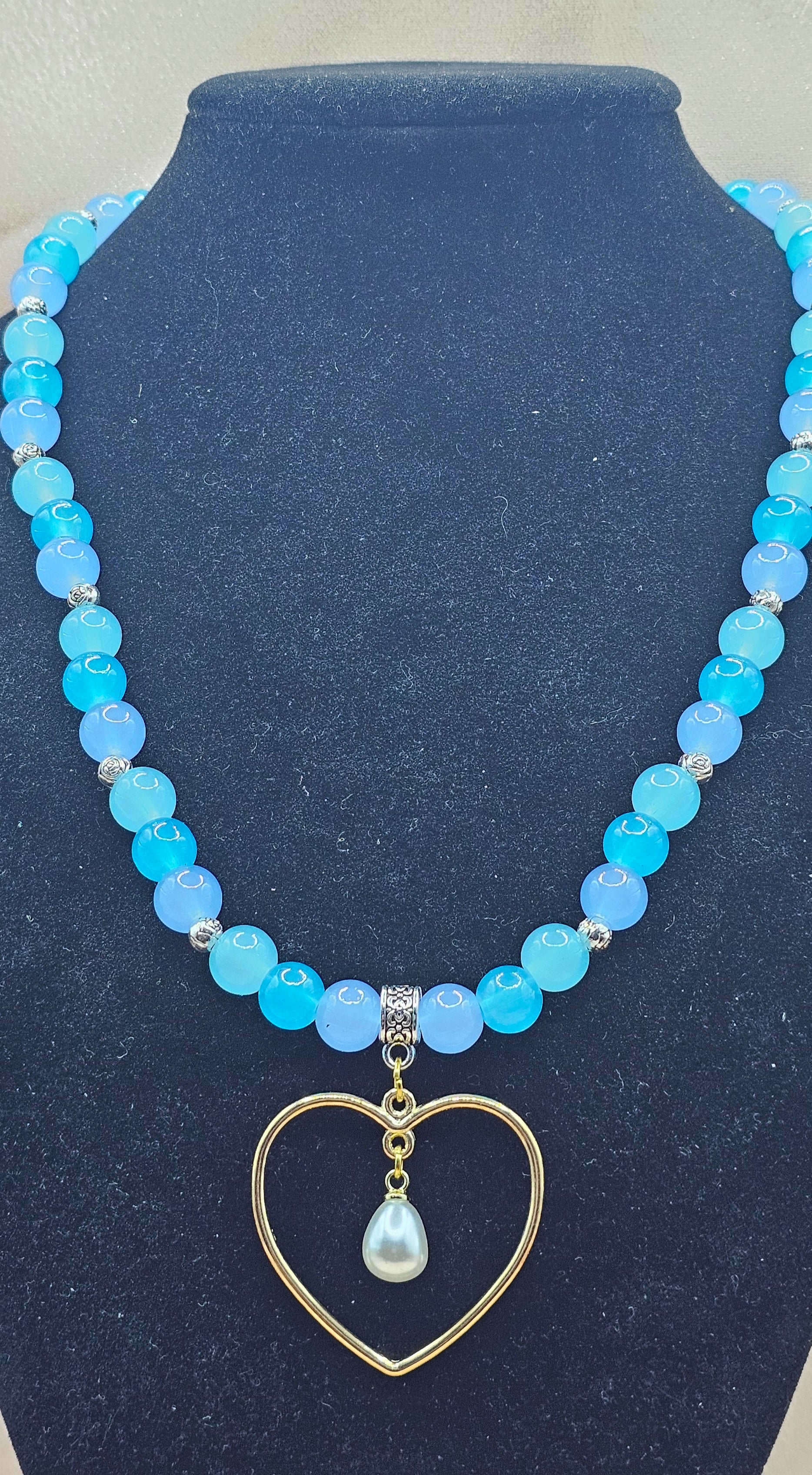 Blue Beaded Necklace | Gold Heart & Pearl Pendant | Handmade Angelcore Jewellery
