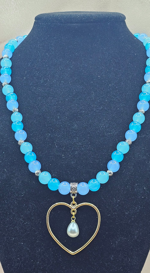 Blue Beaded Necklace | Gold Heart & Pearl Pendant | Handmade Angelcore Jewellery