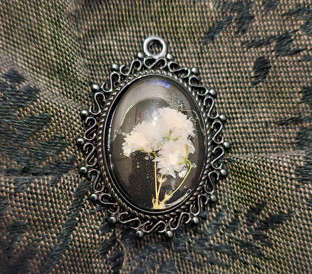 Black Gothic Oval Resin Pendant | Real Baby's Breath Flowers | Handmade Dark Romantic Jewellery