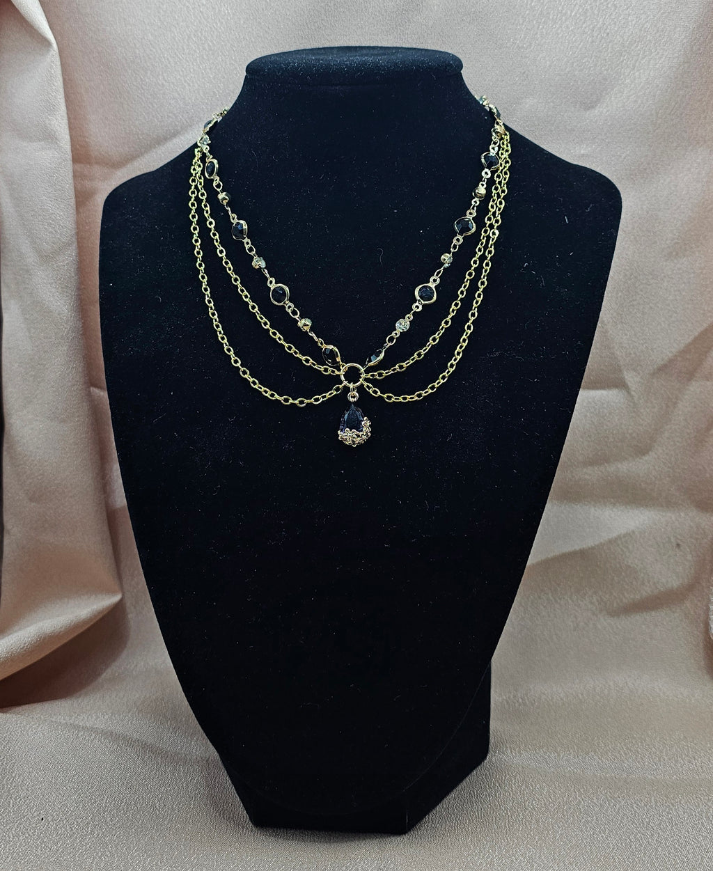 Layered Gold Necklace | Black Teardrop Crystal Pendant | Handmade Gothic Elegant