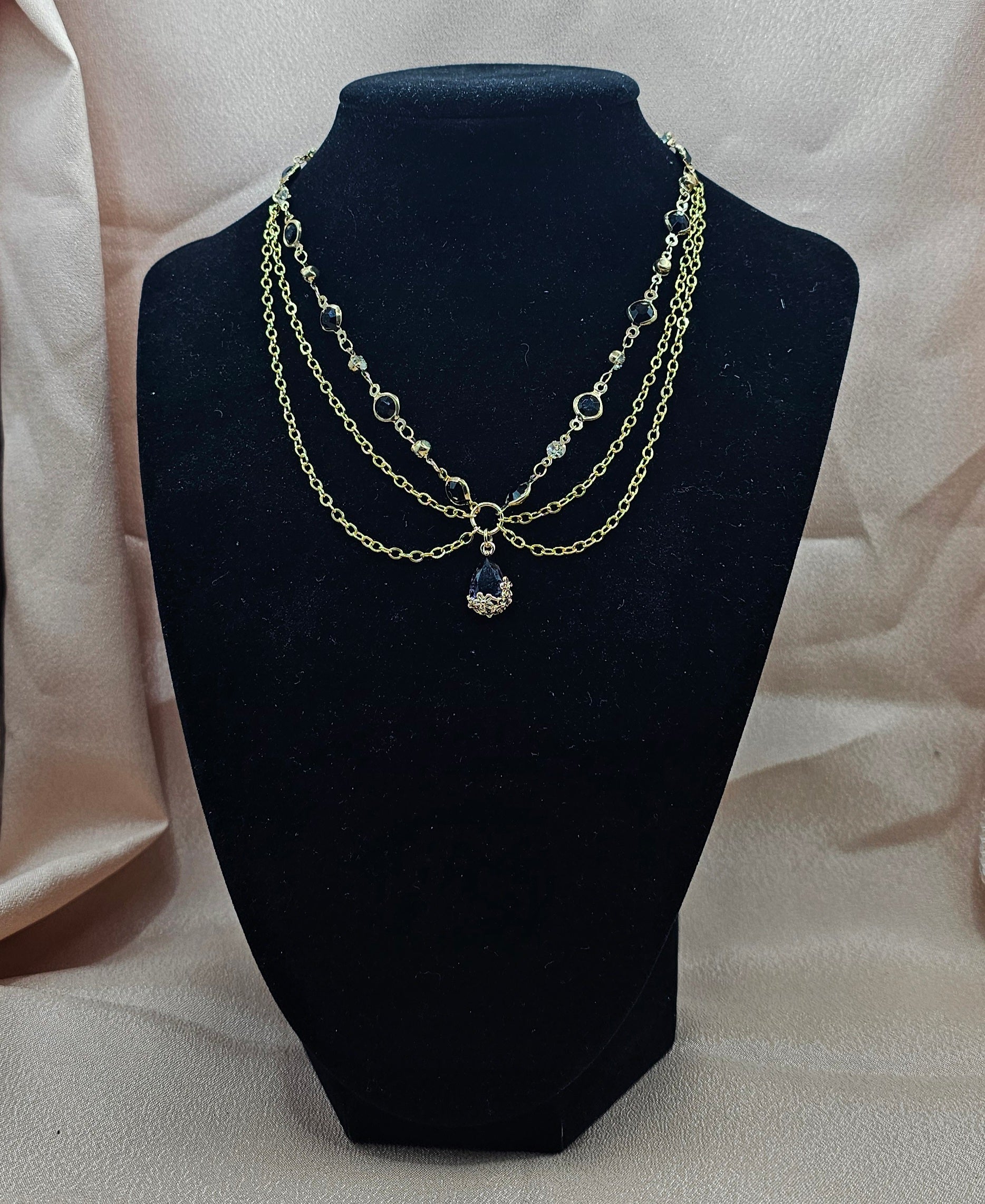 Layered Gold Necklace | Black Teardrop Crystal Pendant | Handmade Gothic Elegant