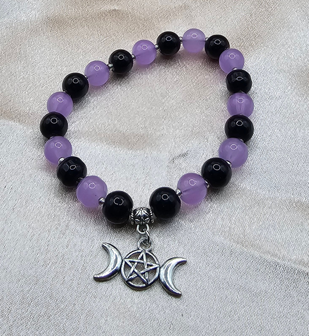Purple & Black Beaded Bracelet | Triple Moon Pentagram Charm | Handmade Witchy Lunar Jewellery Australia