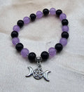Purple & Black Beaded Bracelet | Triple Moon Pentagram Charm | Handmade Witchy Lunar Jewellery Australia