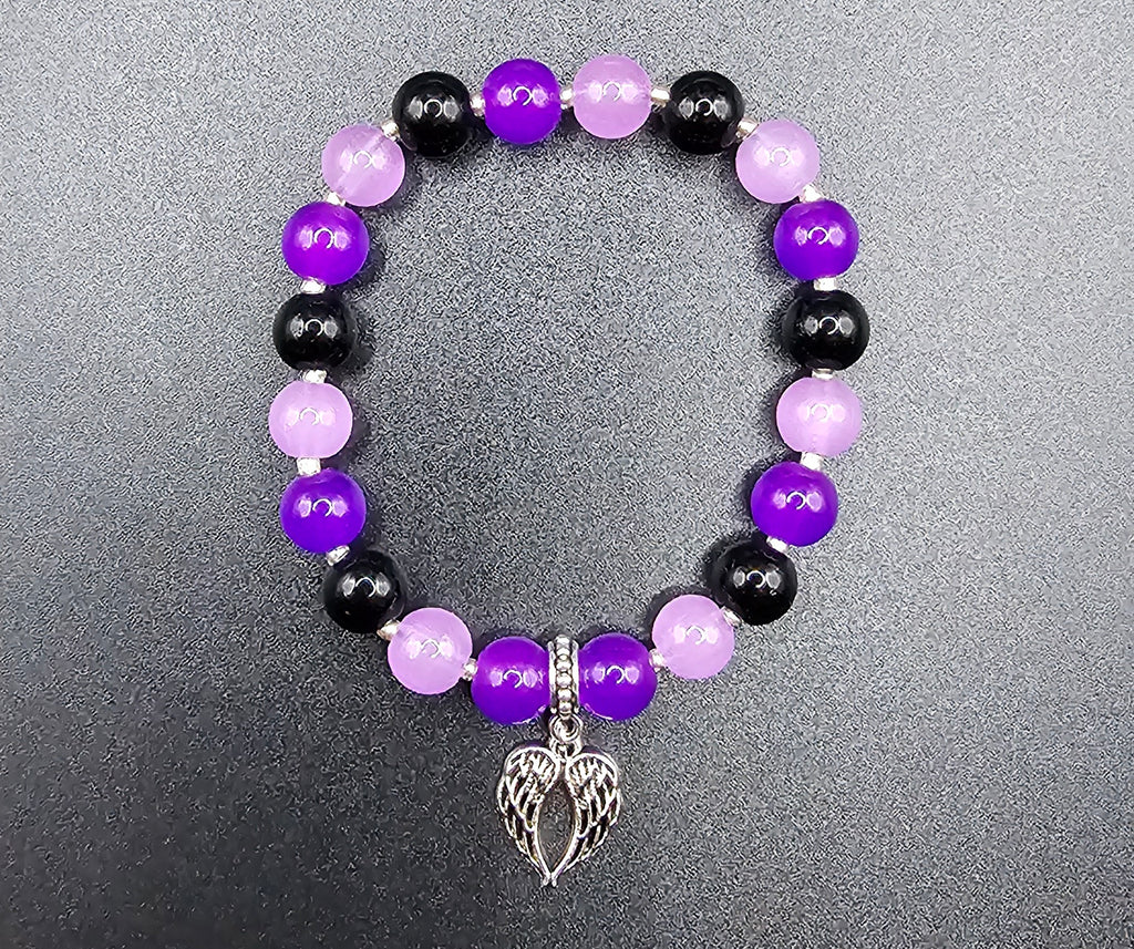 Purple & Black Beaded Bracelet | Silver Angel Wing Charm | Handmade Dark Coquette Angelcore Jewellery Australia