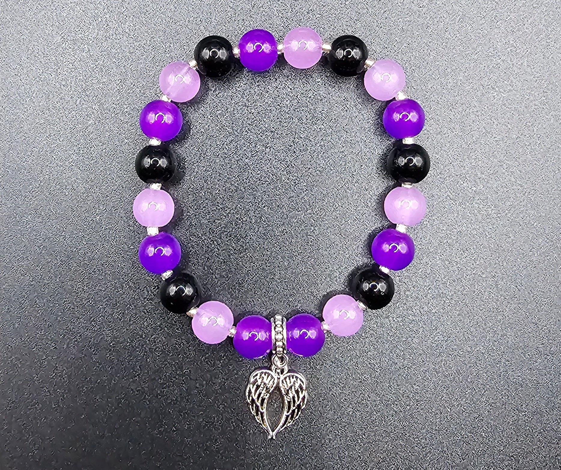 Purple & Black Beaded Bracelet | Silver Angel Wing Charm | Handmade Dark Coquette Angelcore Jewellery Australia