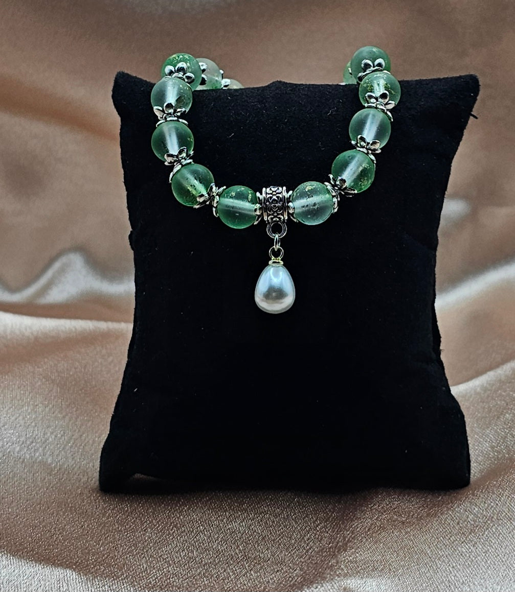 Frosted Green Aventurine Bracelet | Pearl Charm & Silver Floral Caps | Handmade Cottagecore Jewellery Australia