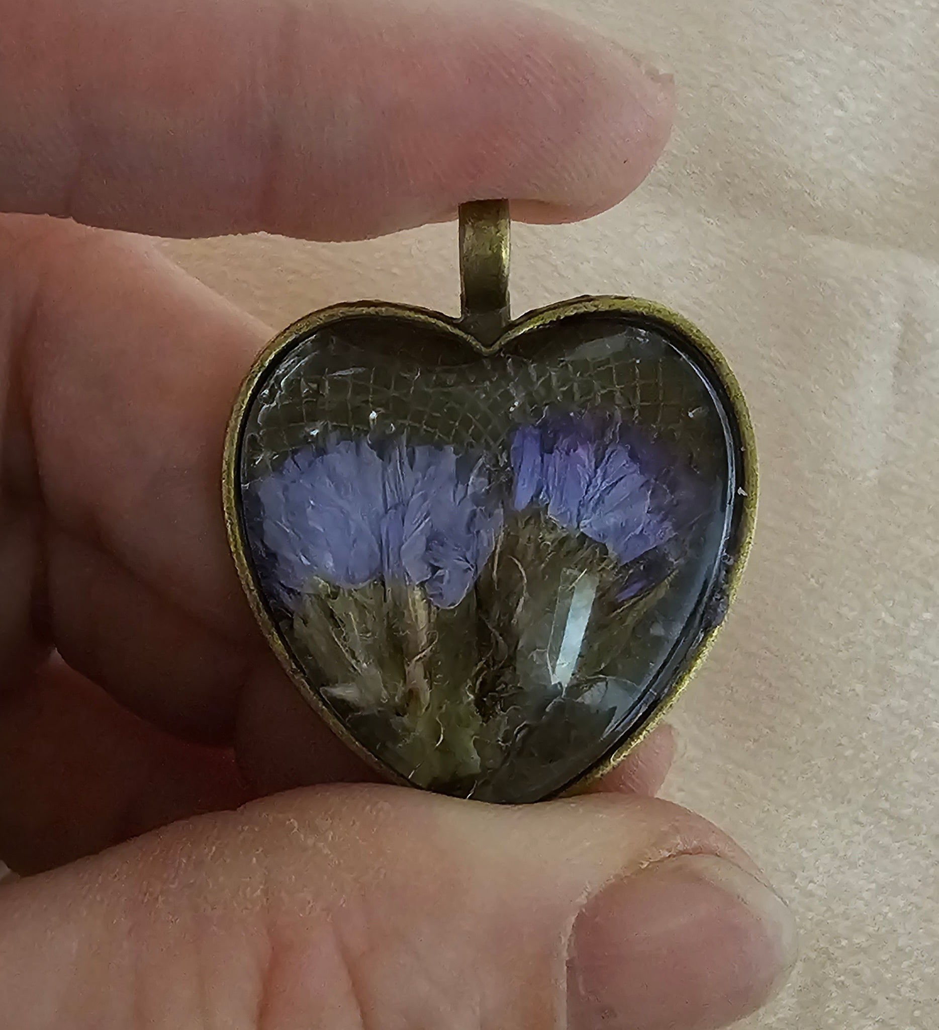 Real Purple Flower Heart Resin Pendant | Pressed Cornflowers on Dark Lace | Handmade Cottagecore Dark Romantic Jewellery