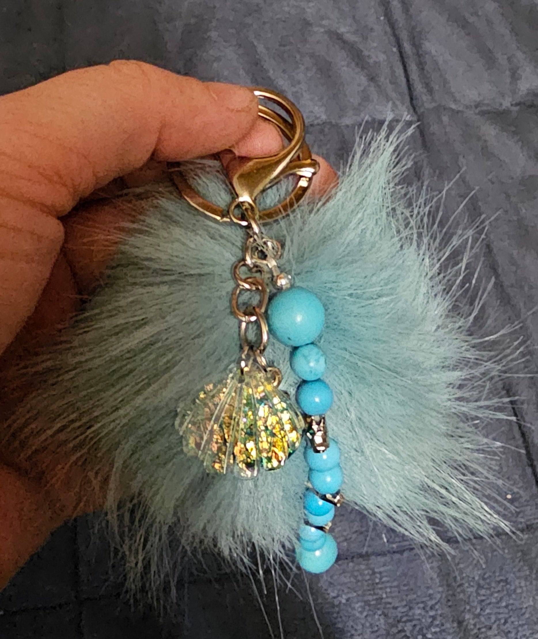 Mint Mermaid Pom Pom Keychain | Turquoise Beads & Double Shell Charms | Handmade Ocean Fairycore
