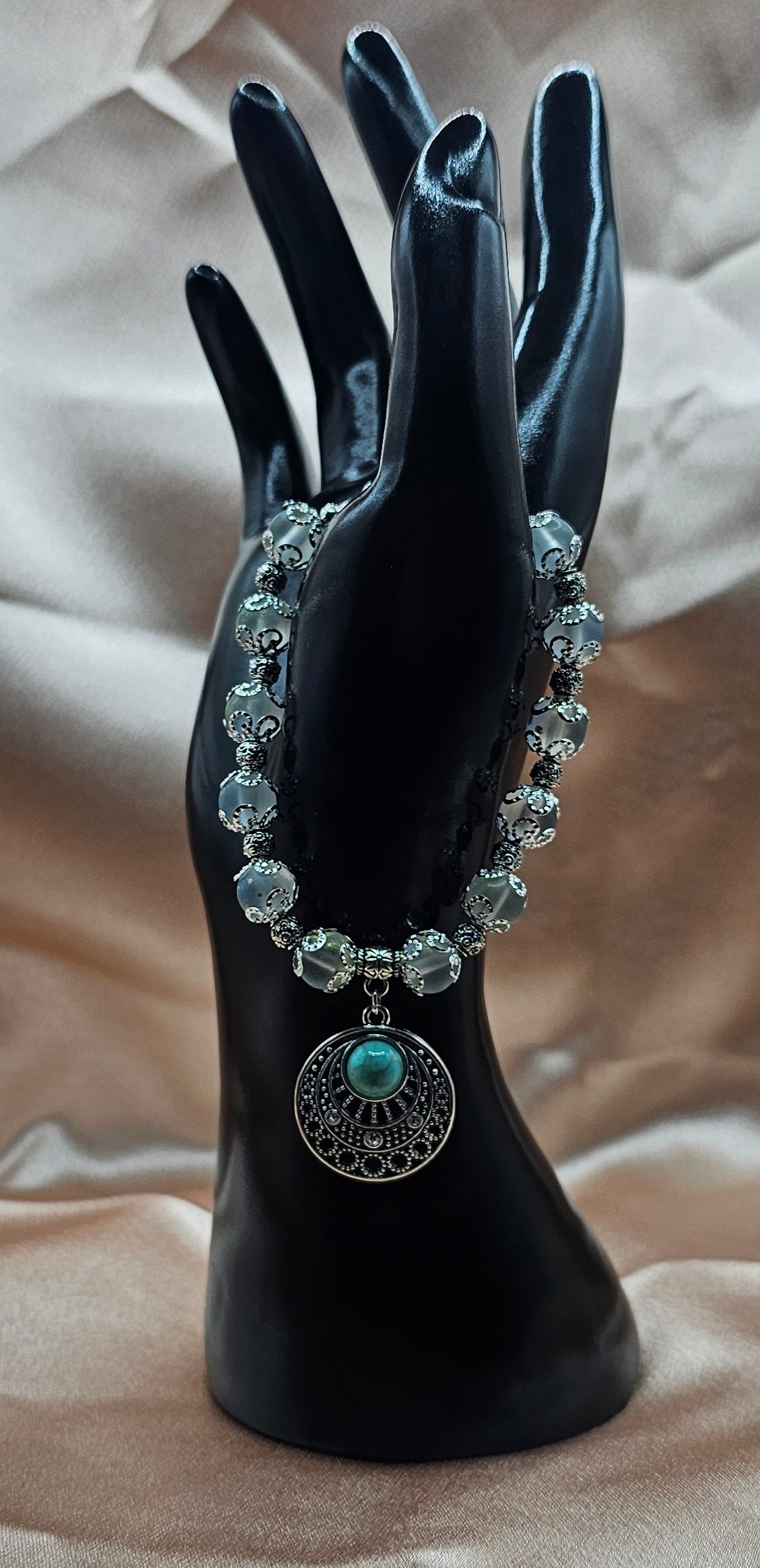 Turquoise Mandala Bracelet | Frosted Crystal Beads & Silver Detailing | Handmade Boho Spiritual Jewellery Australia