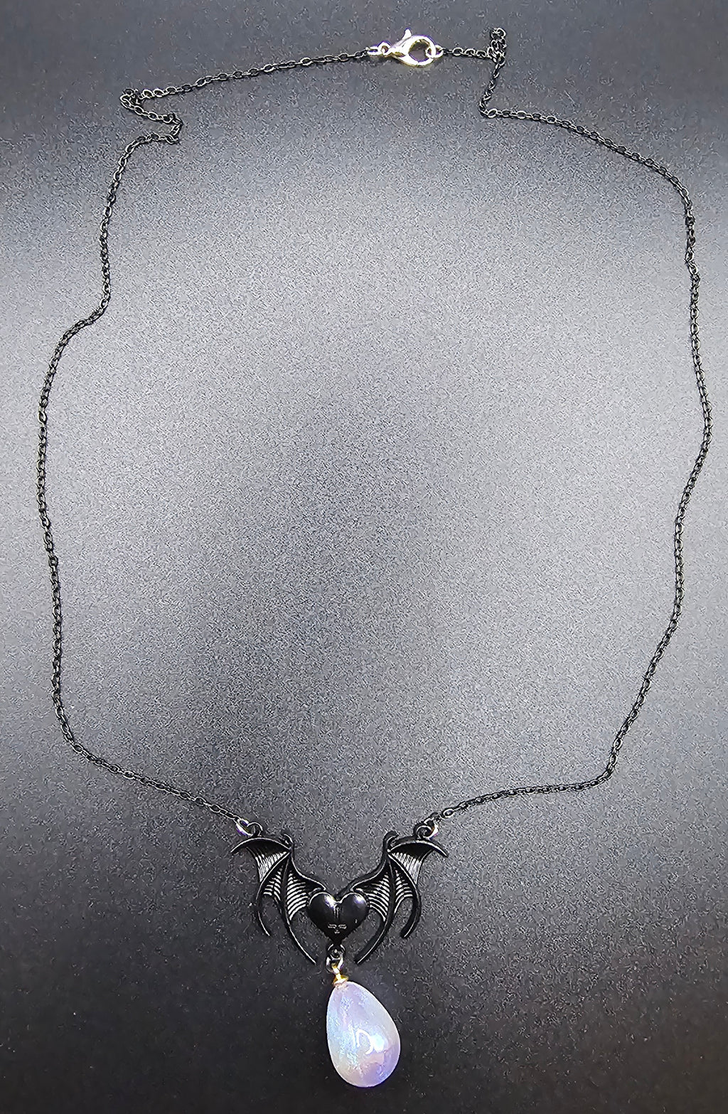 Handmade soft goth gothic bat wing heart necklace with lavender teardrop pendant, handmade jewellery Australia