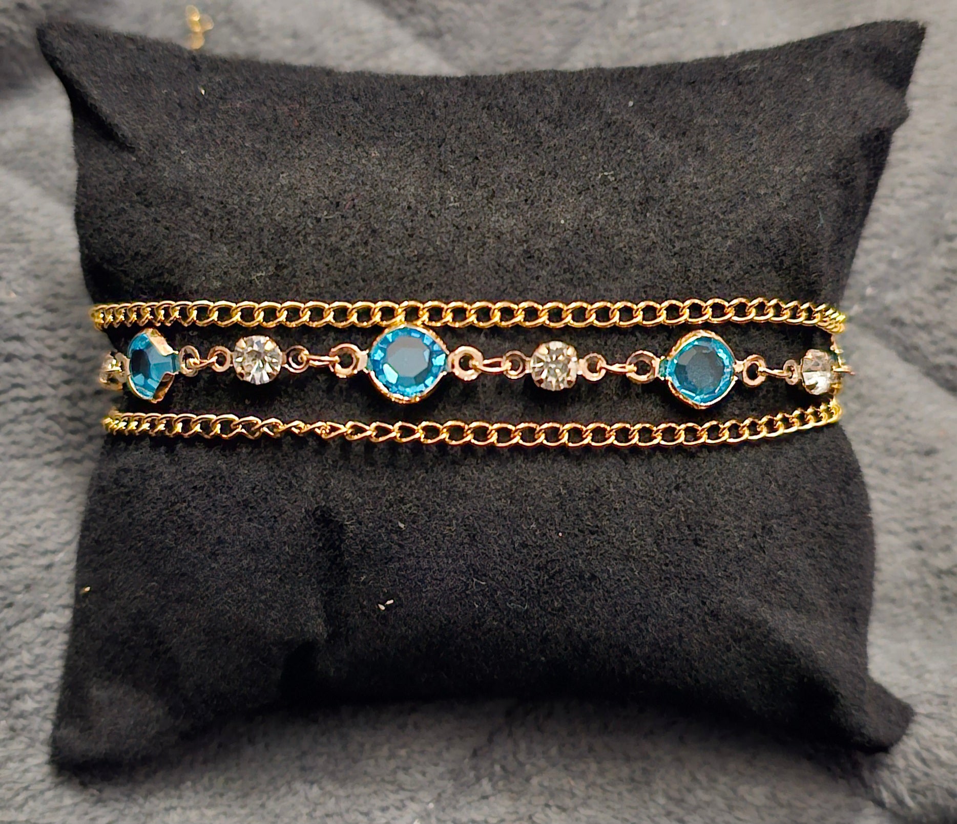 Gold Blue Crystal Chain Bracelet | Layered Gold Chains & Blue Gemstone Accents | Handmade Dainty Jewellery Australia