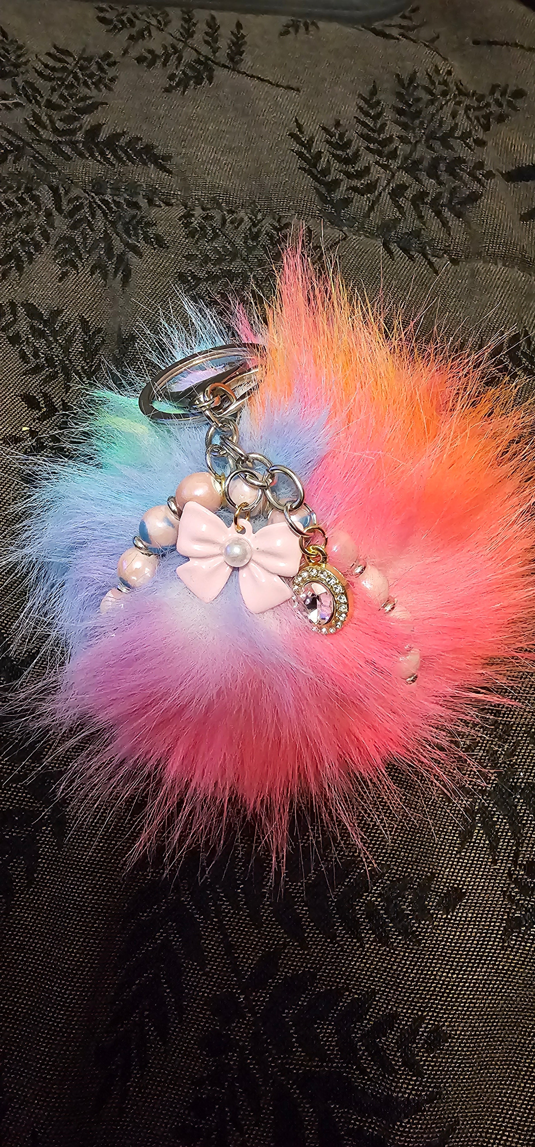 Pastel Rainbow Pom Pom Keychain | Pearl Beads, Bow & Moon Charm | Handmade Coquette Accessory