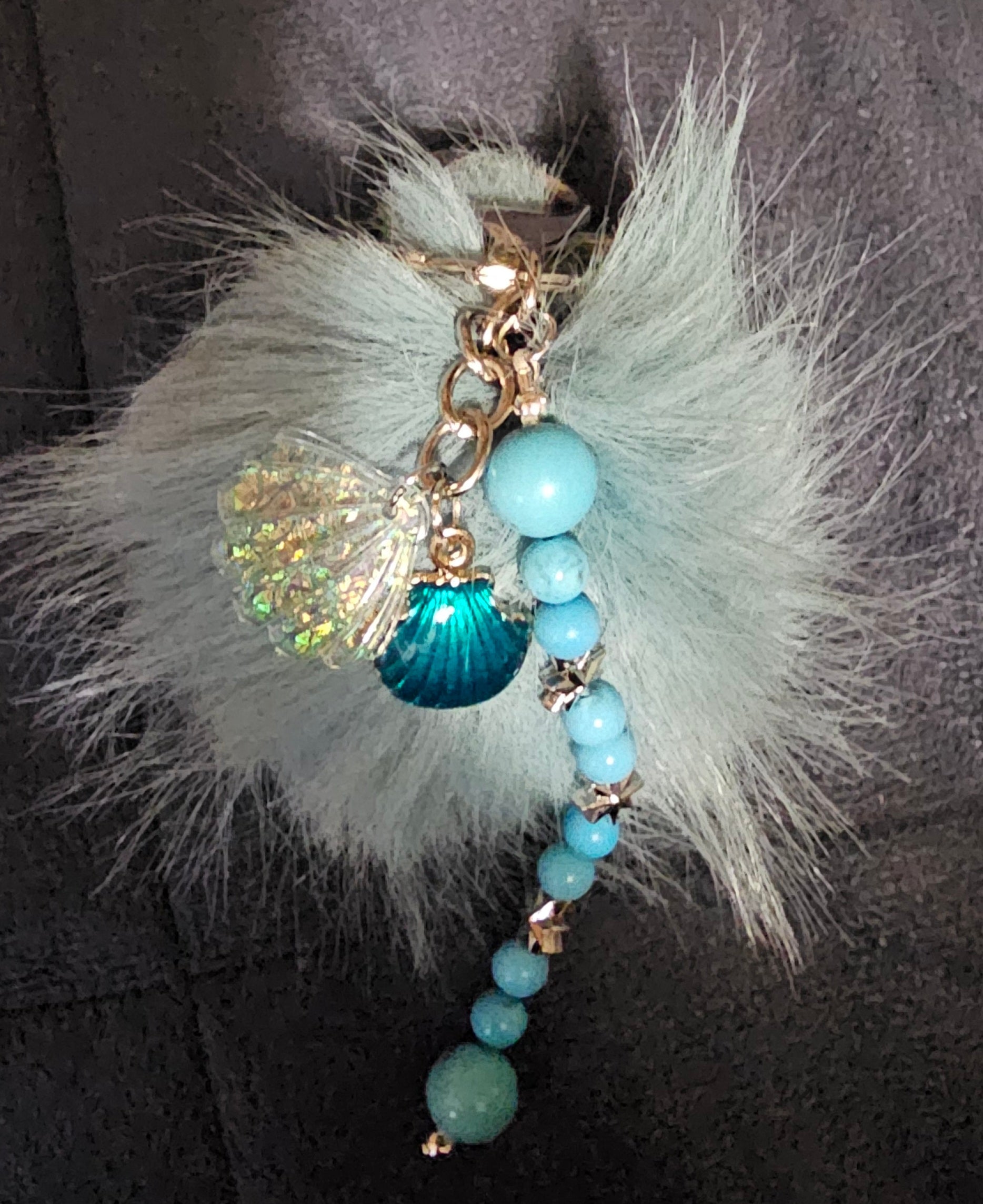 Mint Mermaid Pom Pom Keychain | Turquoise Beads & Double Shell Charms | Handmade Ocean Fairycore