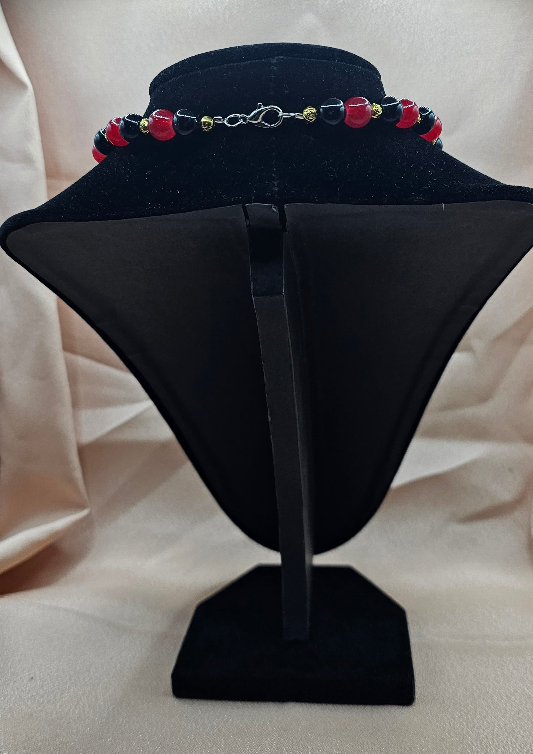 Red & Black Beaded Necklace | Antique Gold Rose Pendant | Handmade Gothic Romance