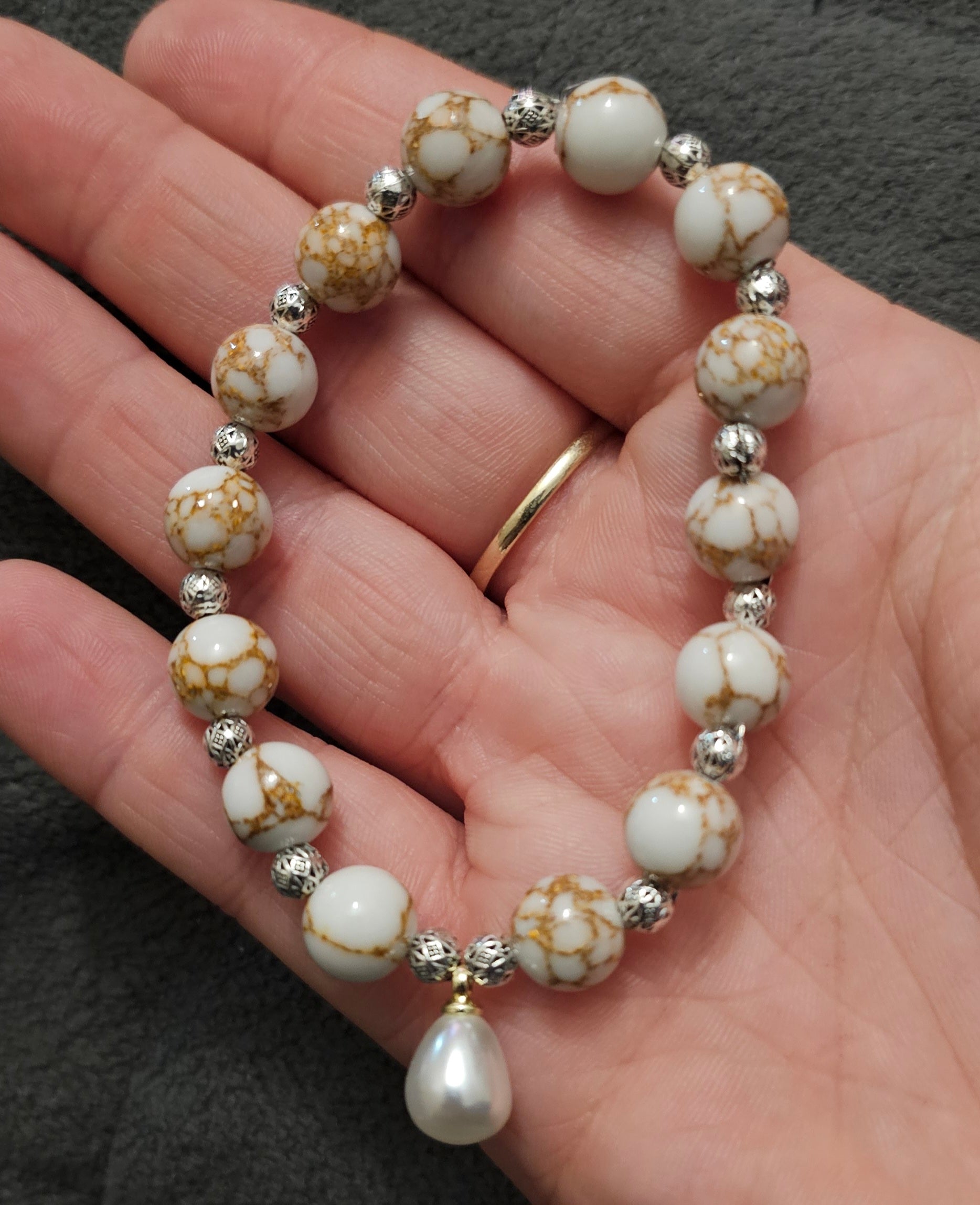Handmade white crackle vein bead bracelet with pearl drop and silver filigree, elegant jewellery Australia