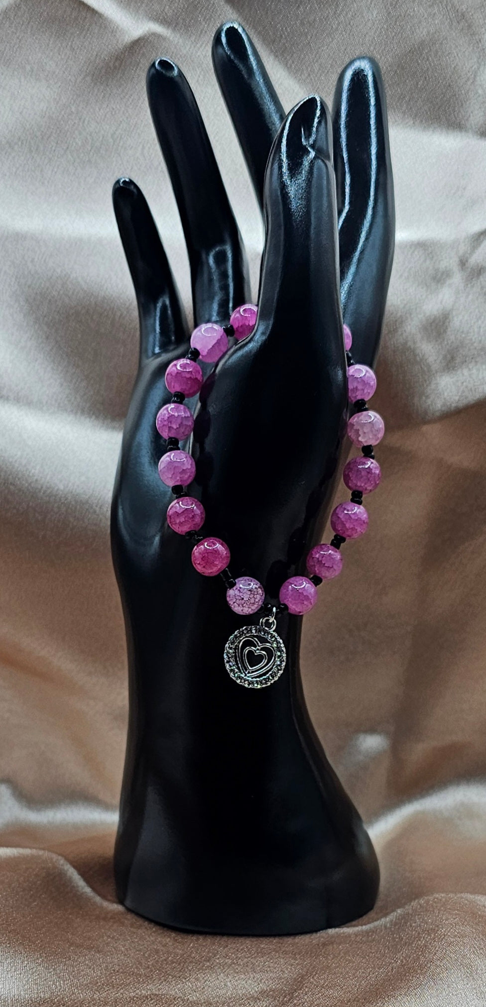 Pink Beaded Bracelet | Rhinestone Heart Charm & Black Accents | Handmade Coquette Jewellery Australia