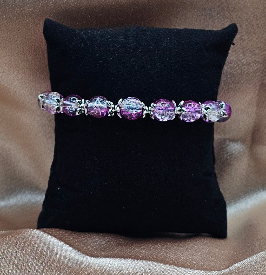 Pink Crackle Glass Beaded Bracelet | Silver Floral Caps | Handmade Fairycore Jewellery Australia