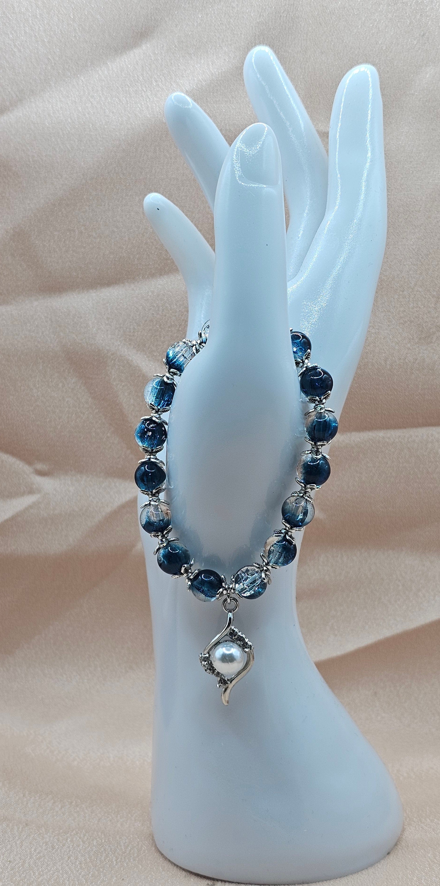 Midnight Blue Crystal & Pearl Drop Bracelet | Celestial Beaded Bracelet | Handmade Mooncore Jewellery Australia