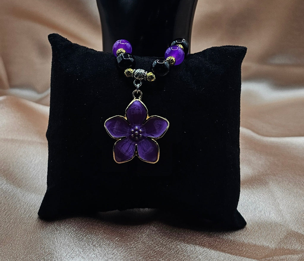 Purple Flower Charm Bracelet | Deep Purple & Black Beads with Gold Accents | Handmade Witchy Jewellery Australia