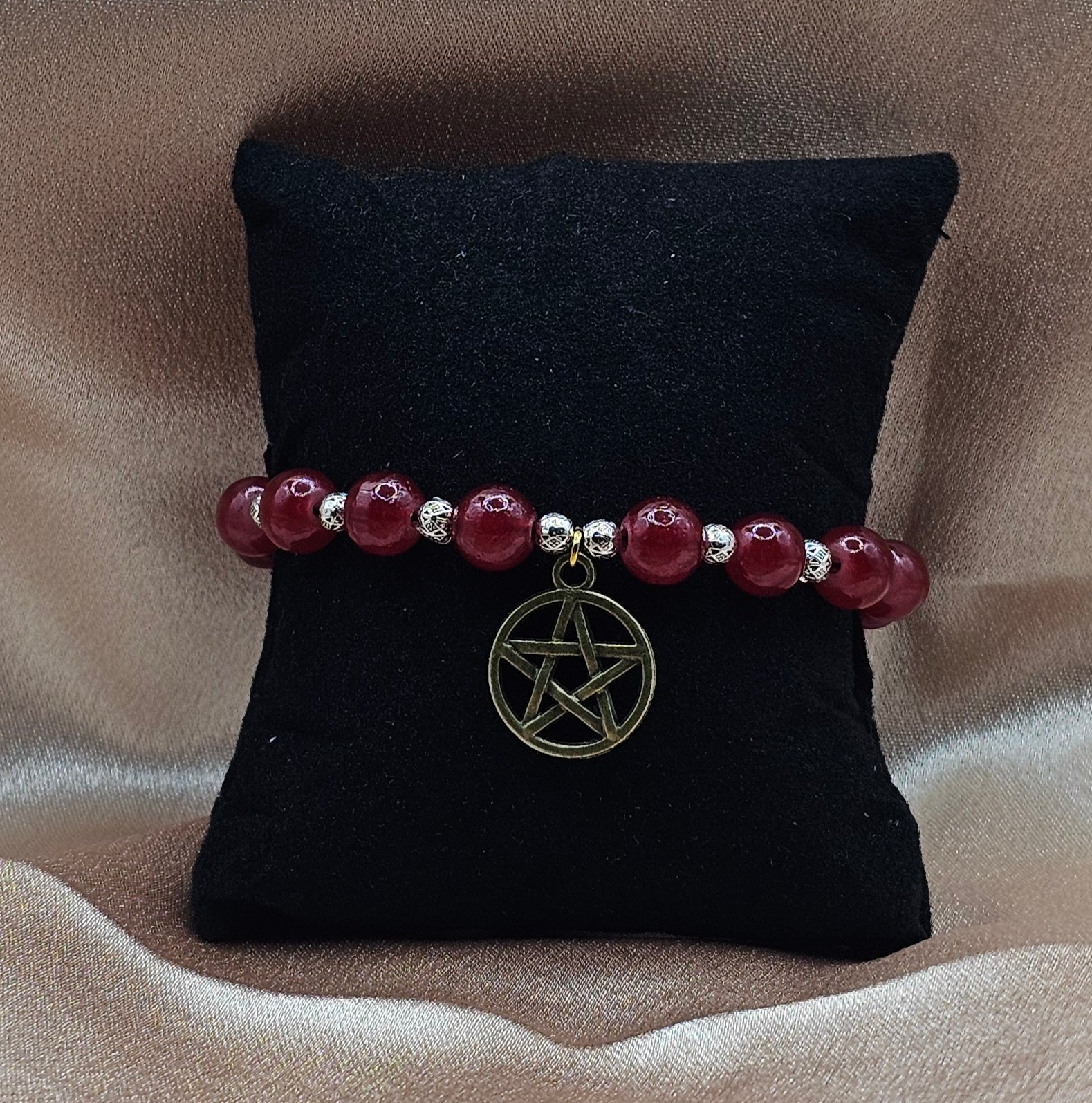 Carnelian Pentagram Bracelet | Red Beaded Stretch with Bronze Pentacle | Handmade Witchy Jewellery Australia