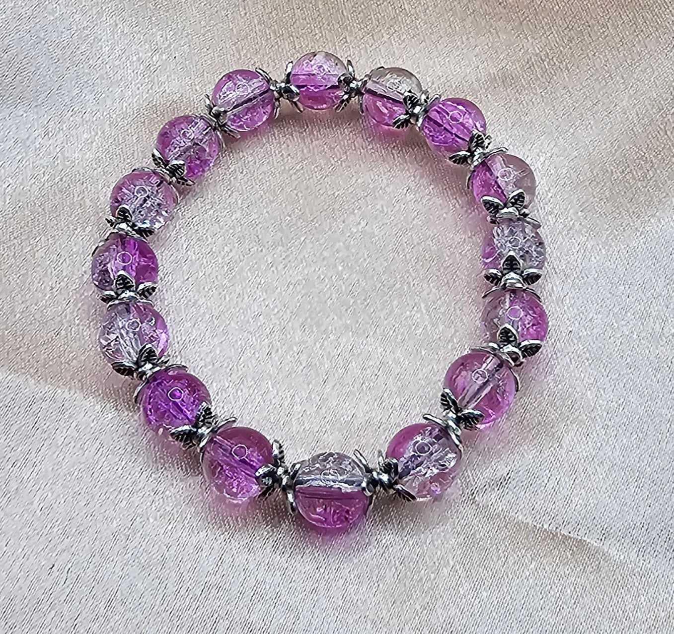Pink Crackle Glass Beaded Bracelet | Silver Floral Caps | Handmade Fairycore Jewellery Australia
