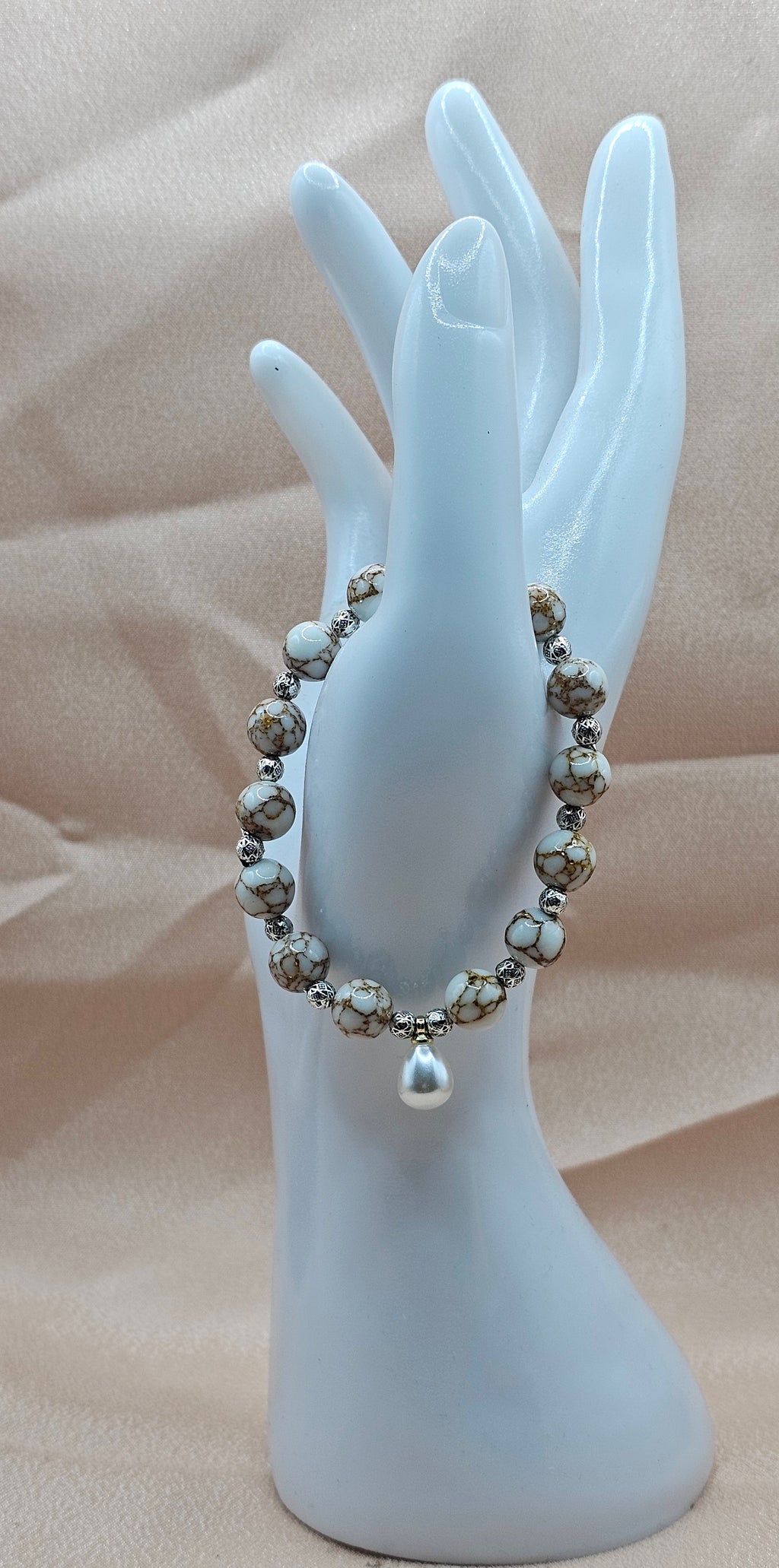 Handmade white crackle vein bead bracelet with pearl drop and silver filigree, elegant jewellery Australia