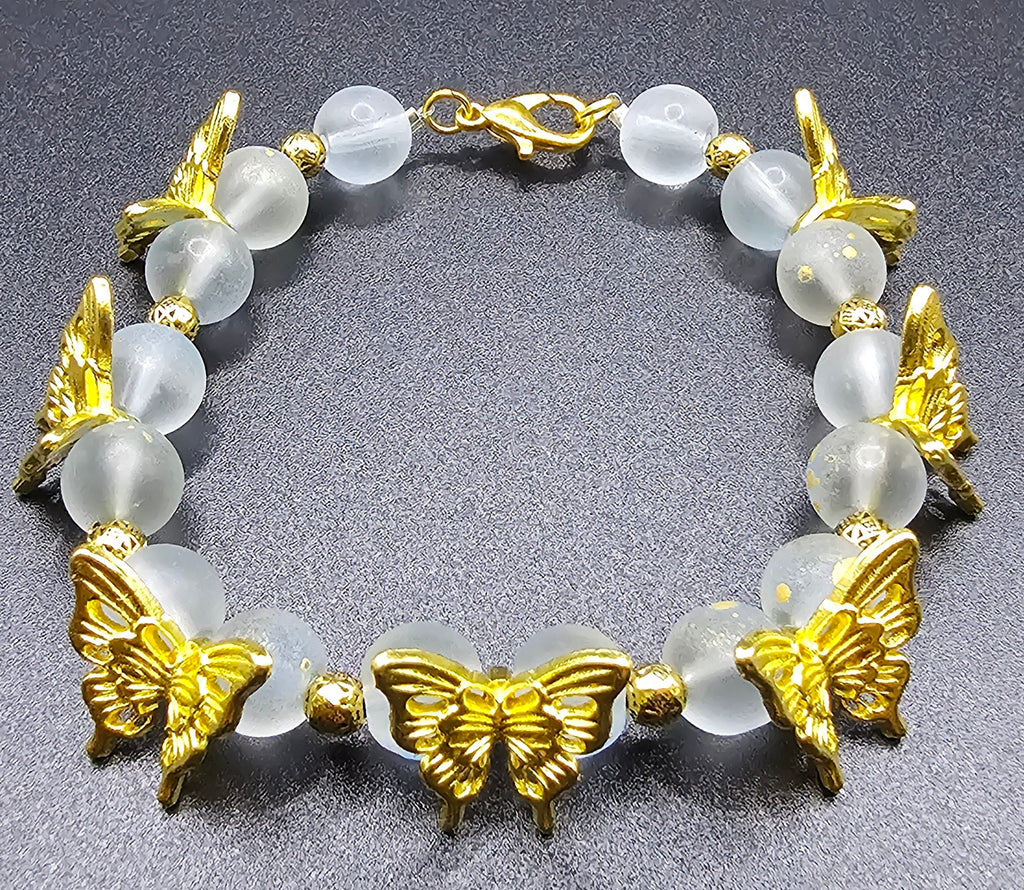 Golden Butterfly Frosted Glass Bead Bracelet | Gold Butterfly Charms | Handmade Fairycore Jewellery Australia