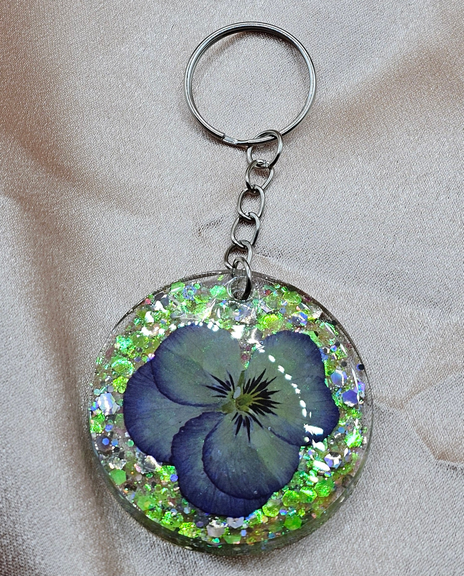 Pressed Pansy Resin Keychain | Silver & Green Iridescent Glitter | Handmade Cottagecore Jewellery Australia