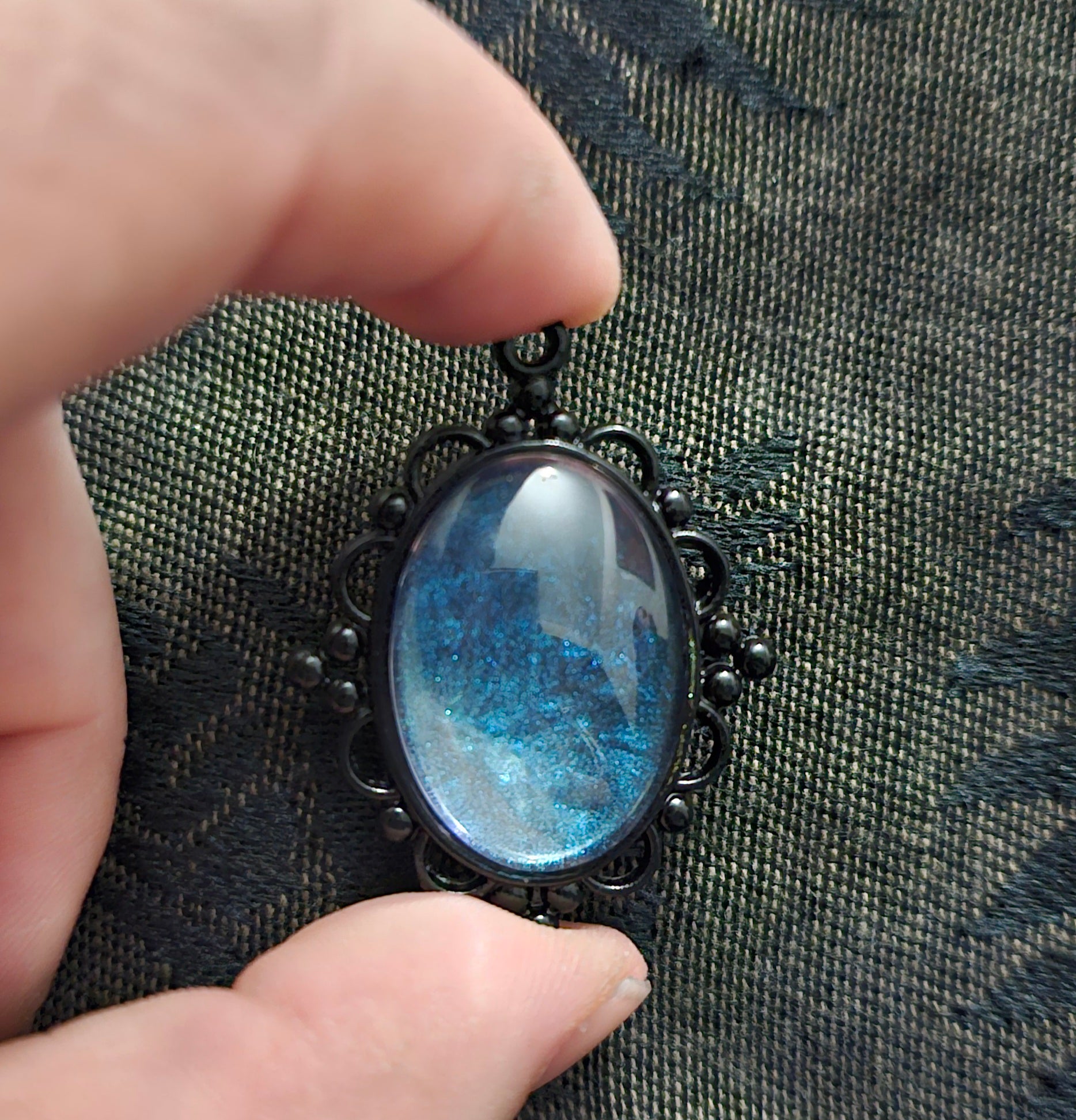 Black Victorian Oval Resin Pendant | Electric Blue Glitter | Handmade Gothic Witchy Jewellery