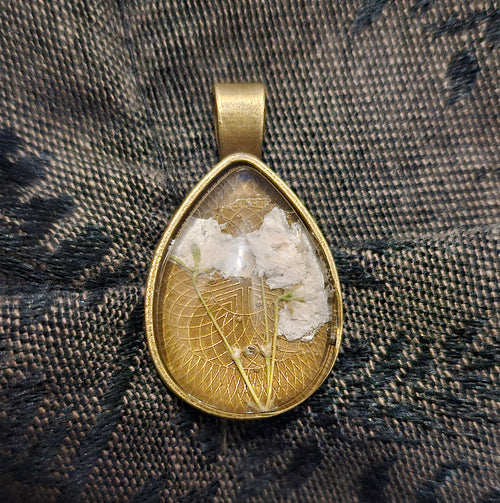 Bronze Teardrop Resin Pendant | Real Baby's Breath Flowers | Handmade Cottagecore Gothic Jewellery