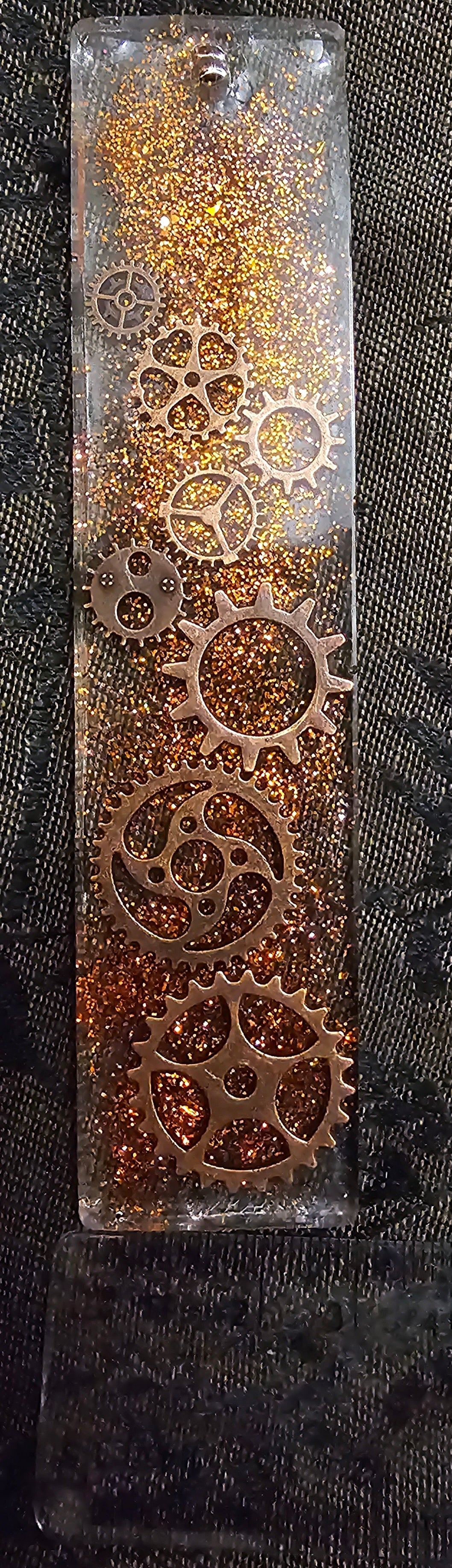 Steampunk Gear Resin Bookmark | Copper Glitter & Bronze Charms | Red Tassel | Handmade Gothic Gift Australia