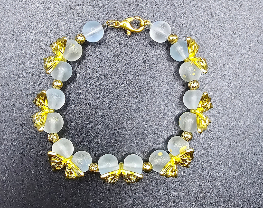 Golden Butterfly Frosted Glass Bead Bracelet | Gold Butterfly Charms | Handmade Fairycore Jewellery Australia