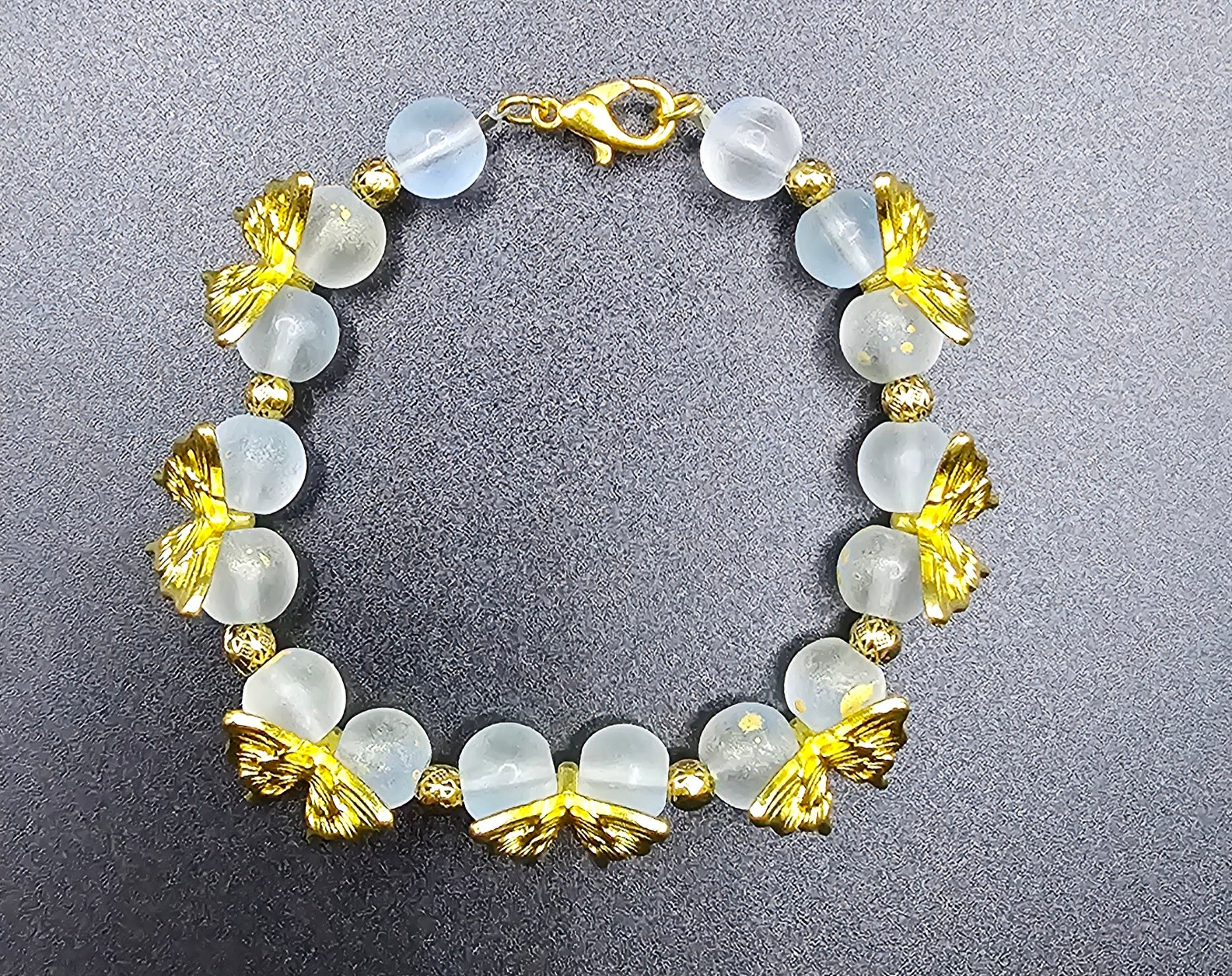 Golden Butterfly Frosted Glass Bead Bracelet | Gold Butterfly Charms | Handmade Fairycore Jewellery Australia