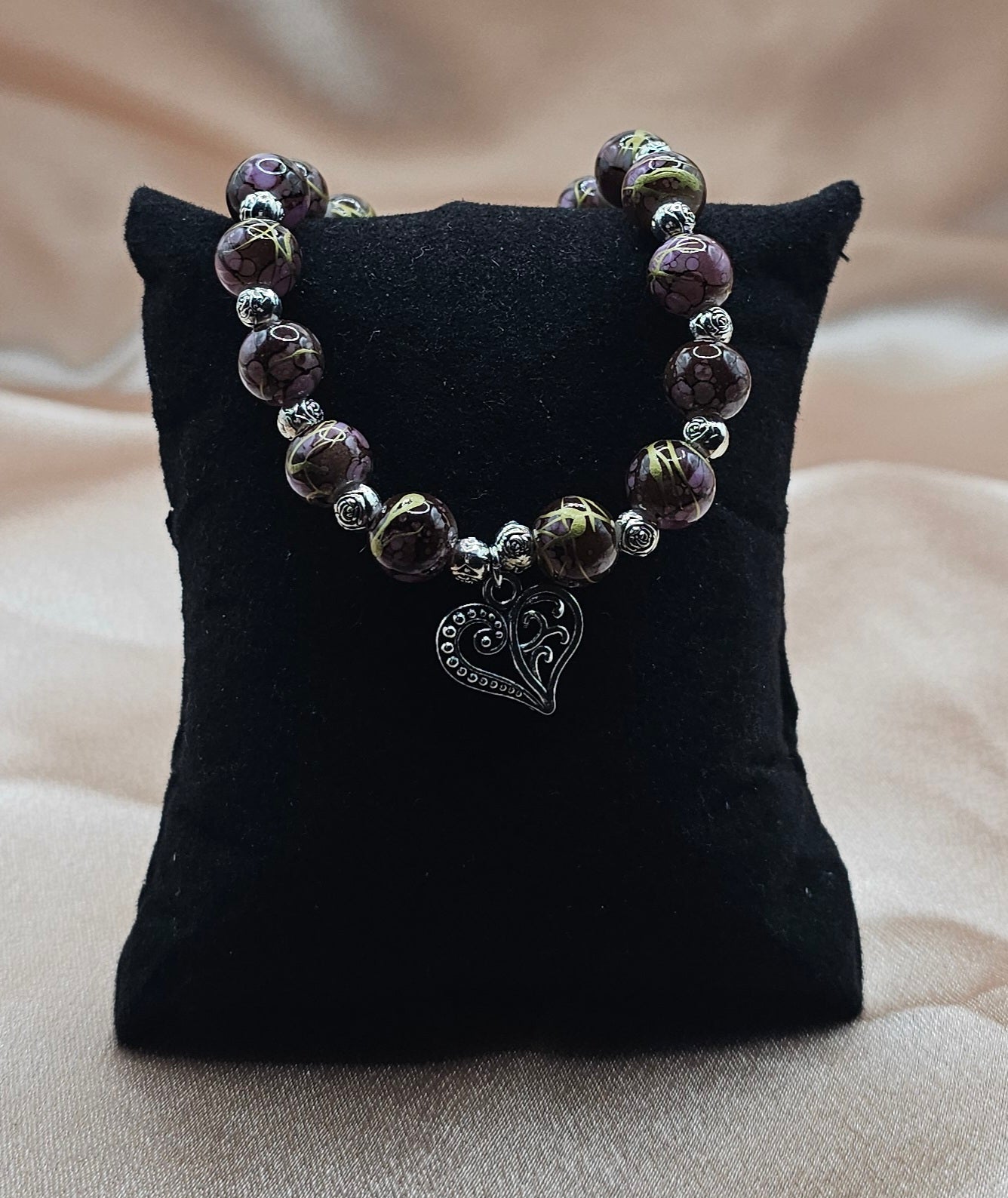 Marbled Beaded Bracelet | Brown & Pink with Silver Heart Charm | Handmade Romantic Jewellery Australia