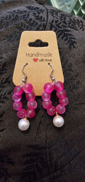 Handmade pink beaded hoop earrings with pearl drop statement dangle, handmade jewellery Australia
