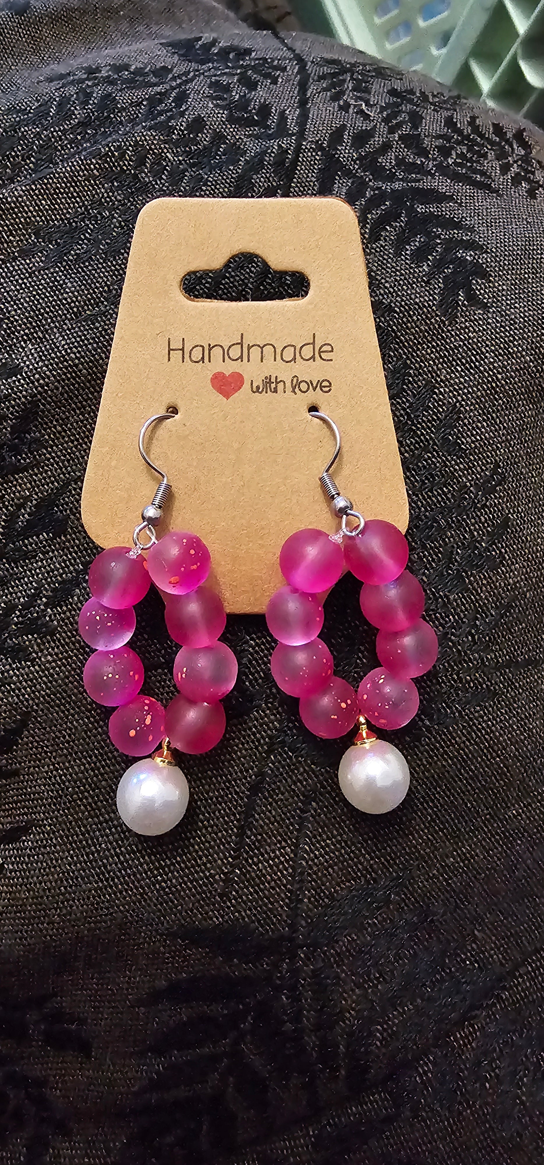 Handmade pink beaded hoop earrings with pearl drop statement dangle, handmade jewellery Australia