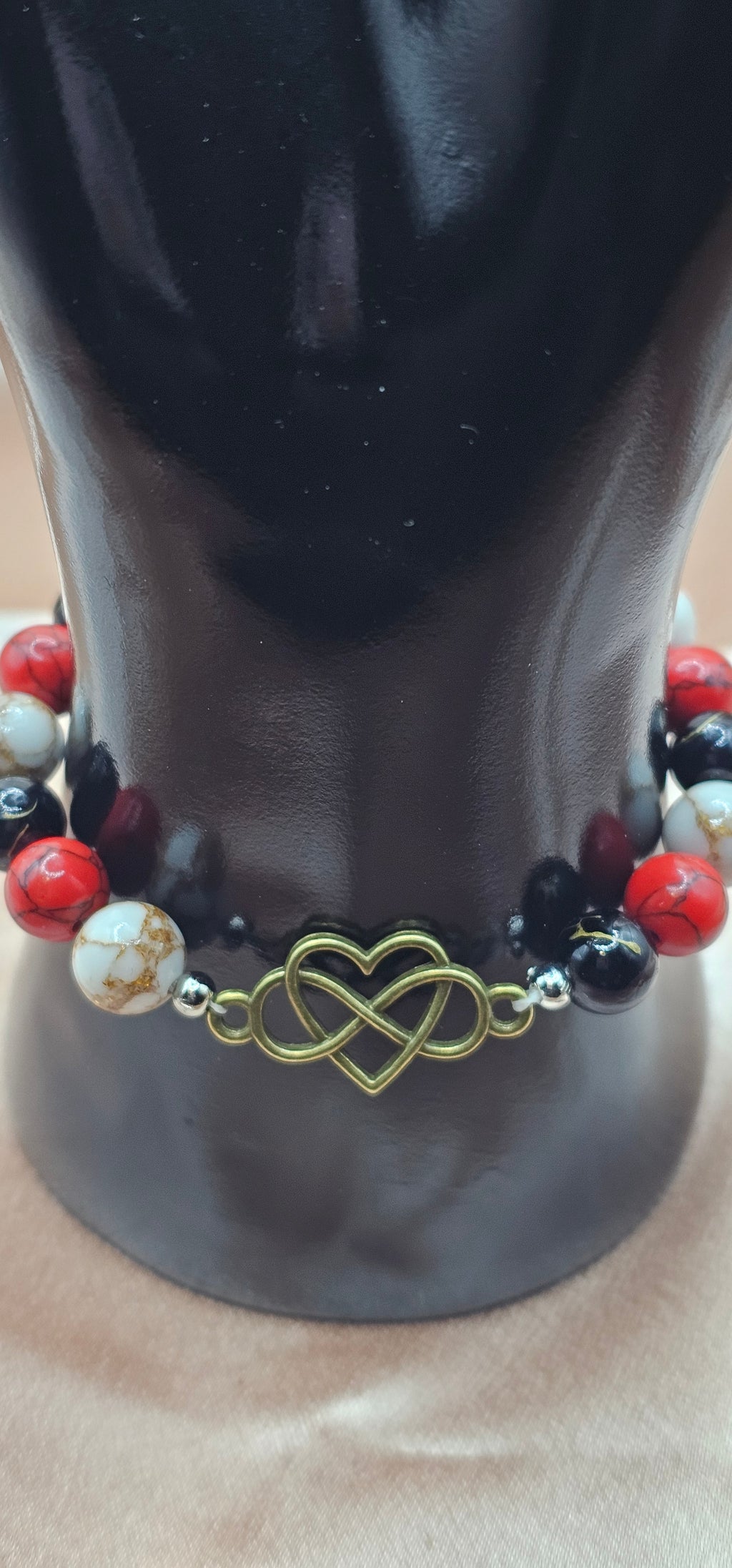 Red Black & White Marble Beaded Bracelet | Antique Bronze Infinity Heart Charm | Handmade Dark Romance Jewellery Australia
