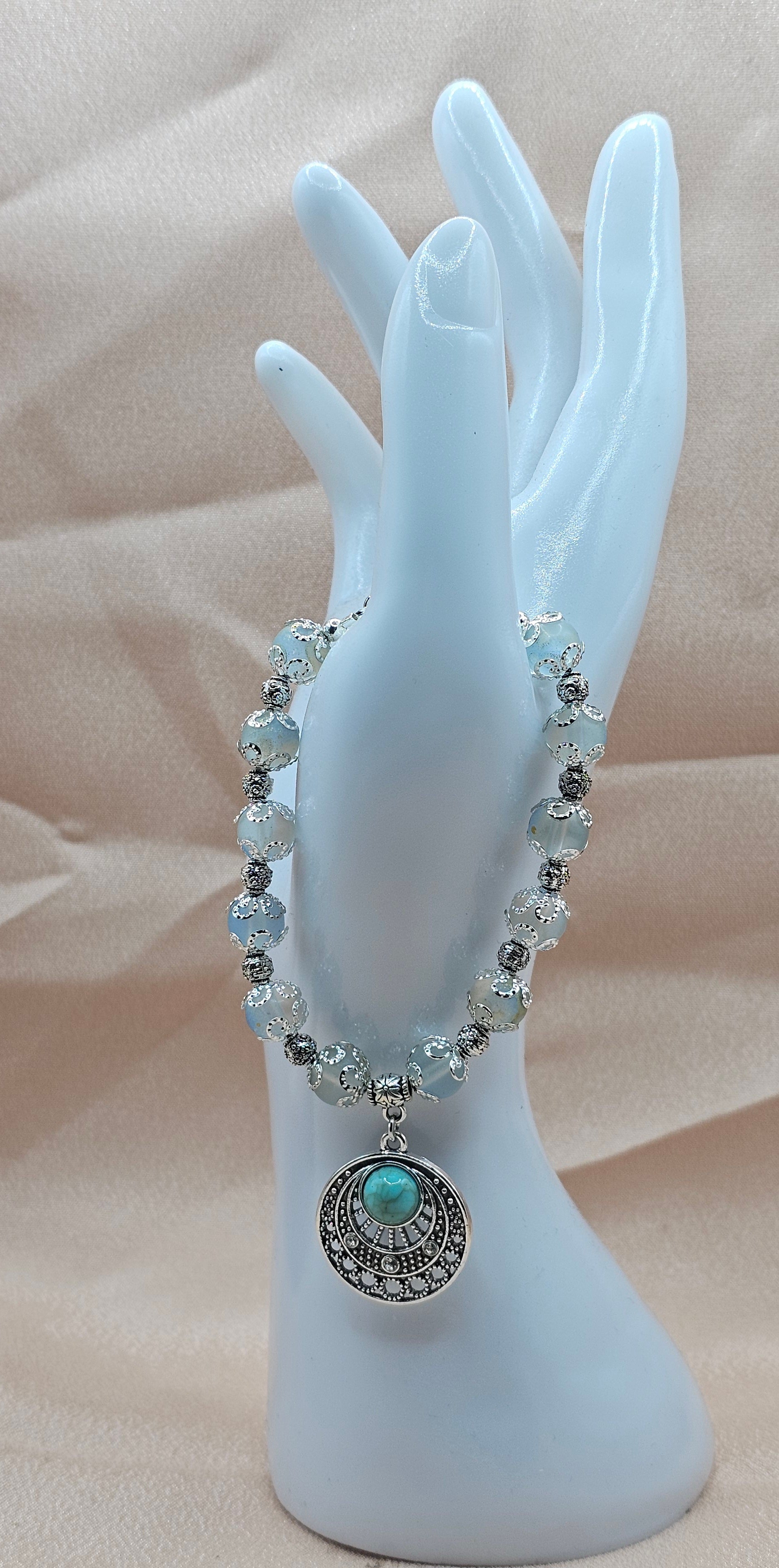 Turquoise Mandala Bracelet | Frosted Crystal Beads & Silver Detailing | Handmade Boho Spiritual Jewellery Australia