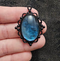 Black Victorian Oval Resin Pendant | Electric Blue Glitter | Handmade Gothic Witchy Jewellery