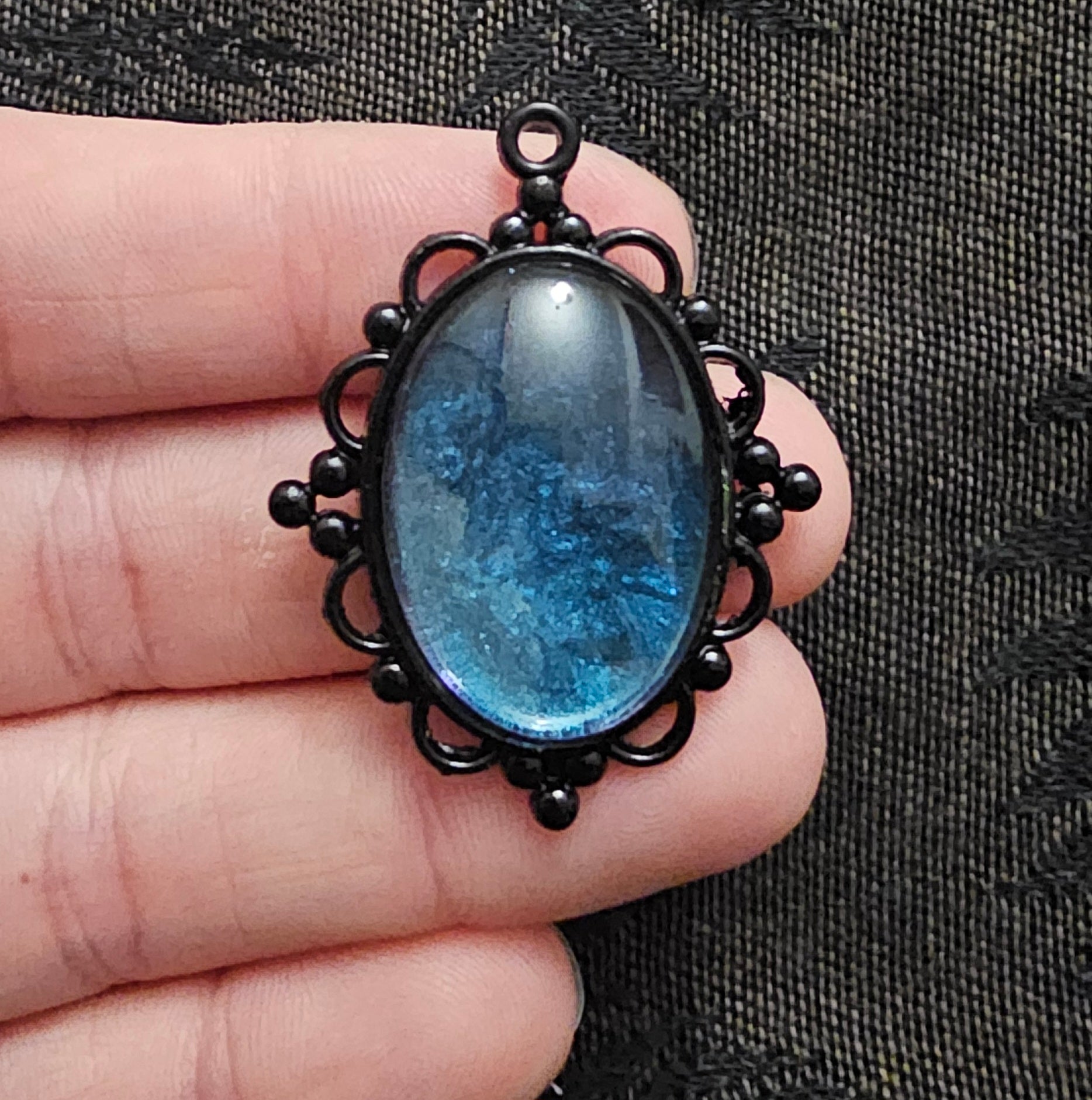 Black Victorian Oval Resin Pendant | Electric Blue Glitter | Handmade Gothic Witchy Jewellery