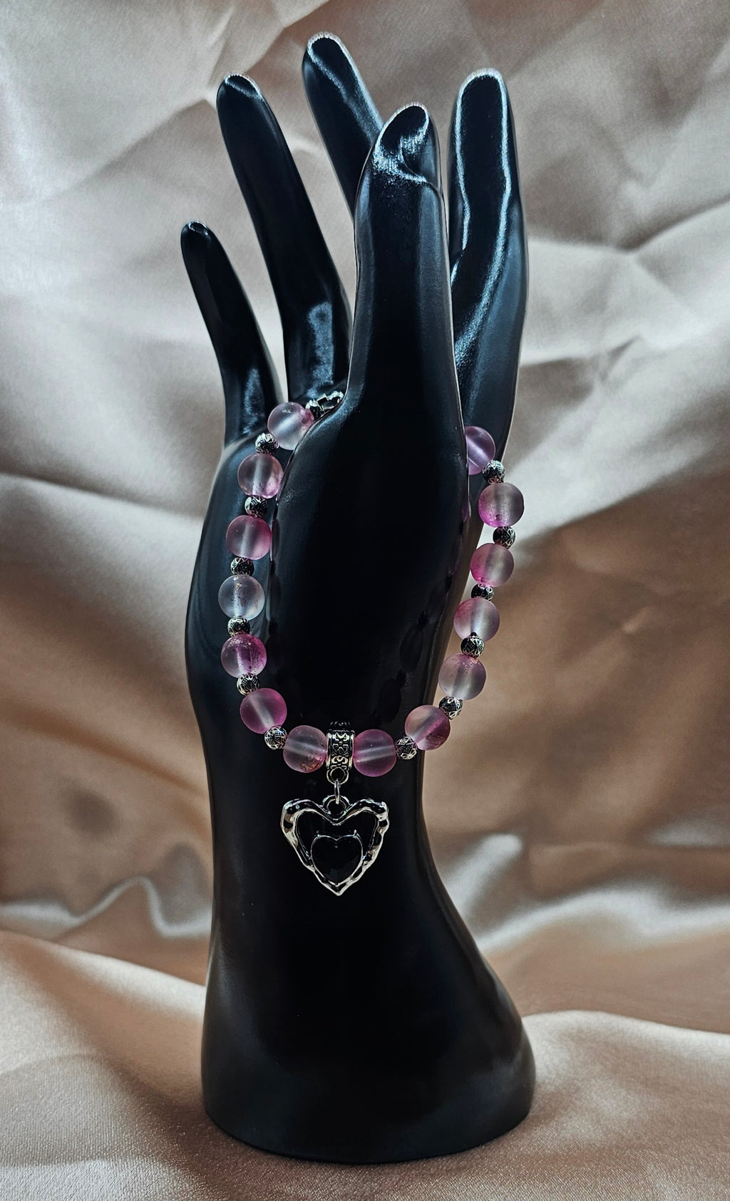 Frosted Pink Beaded Bracelet | Black & Silver Heart Charm | Handmade Soft Goth Jewellery Australia
