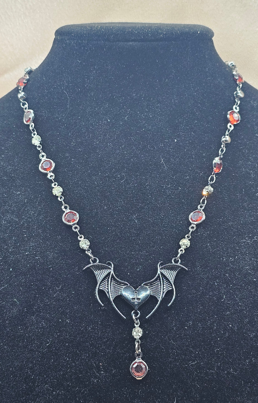 Bat Heart Gothic Necklace | Black Bat Wing Pendant & Red Garnet Drop | Handmade